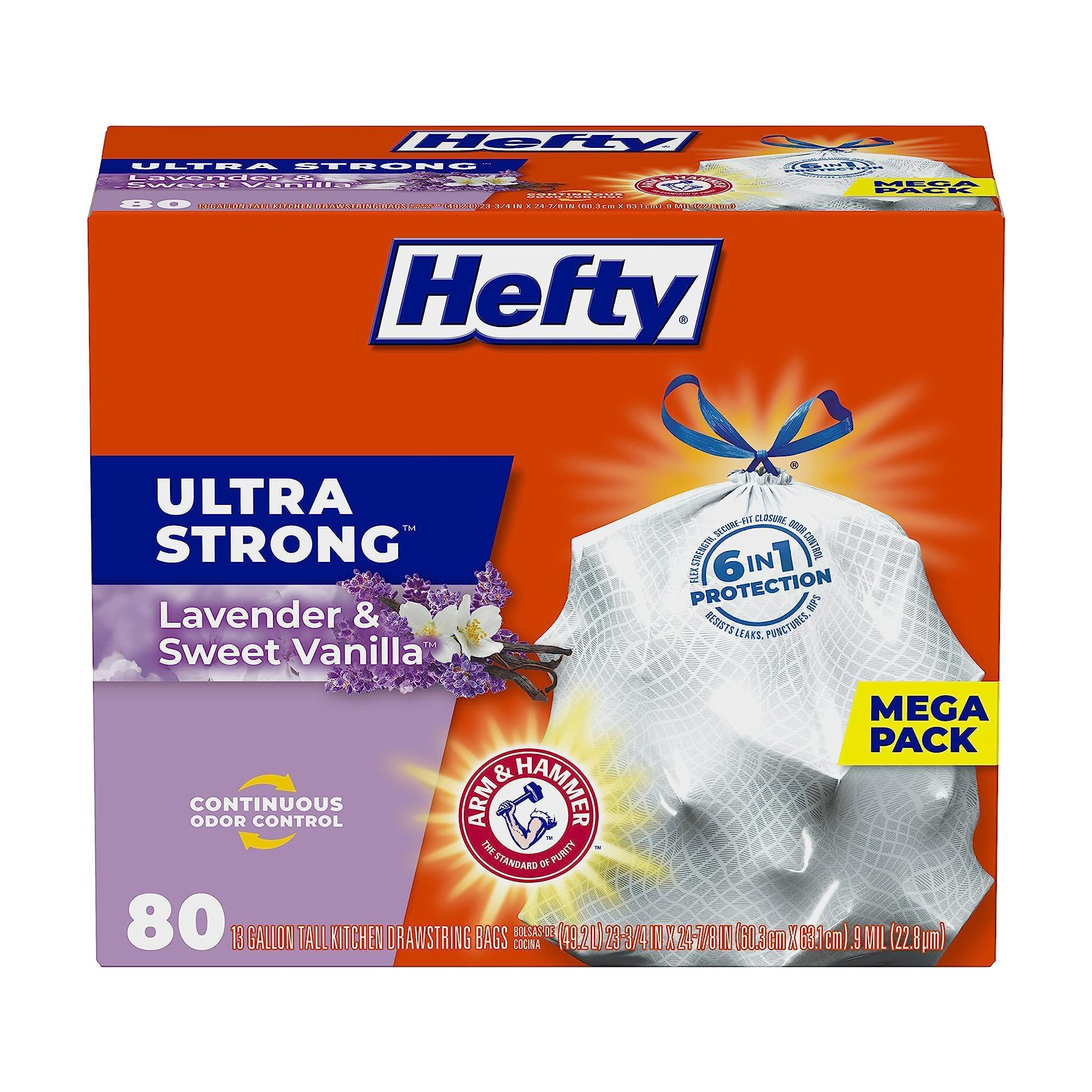 Hefty Ultra Strong Tall Kitchen Trash Bags, Lavender & Sweet Vanilla Scent, 13 Gallon, 80 Count