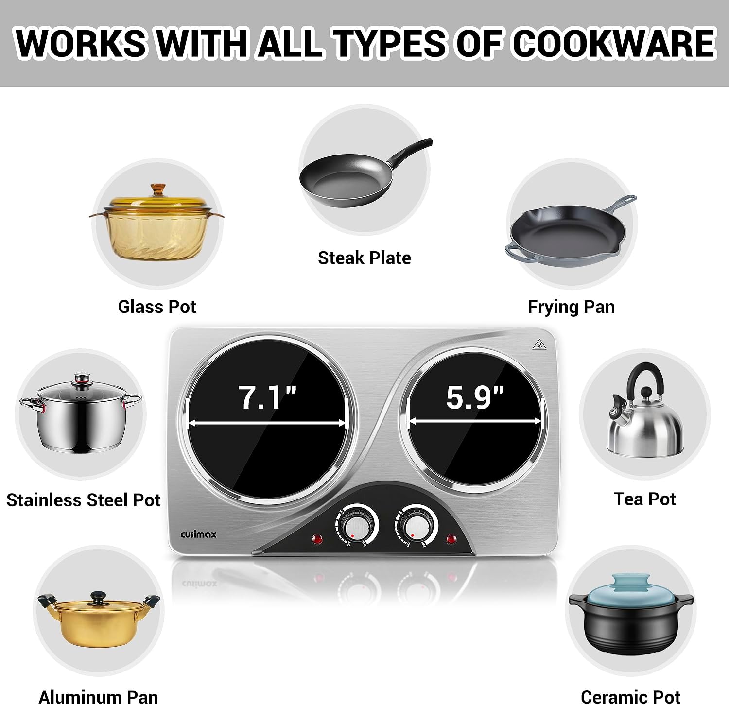 CUSIMAX Electric Hot Plate for Cooking Portable Single Burner 1500W Cast Iron hot plates Heat-up in Seconds Adjustable Temperature Control Stainless Steel Non-Slip Rubber Feet Upgraded Version B101