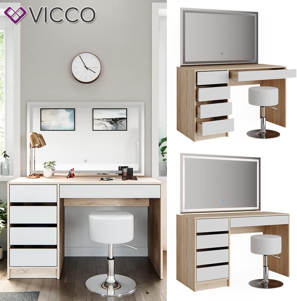 Vicco Sherry Dressing Table Sonoma / White 120 cm with LED Mirror and Stool