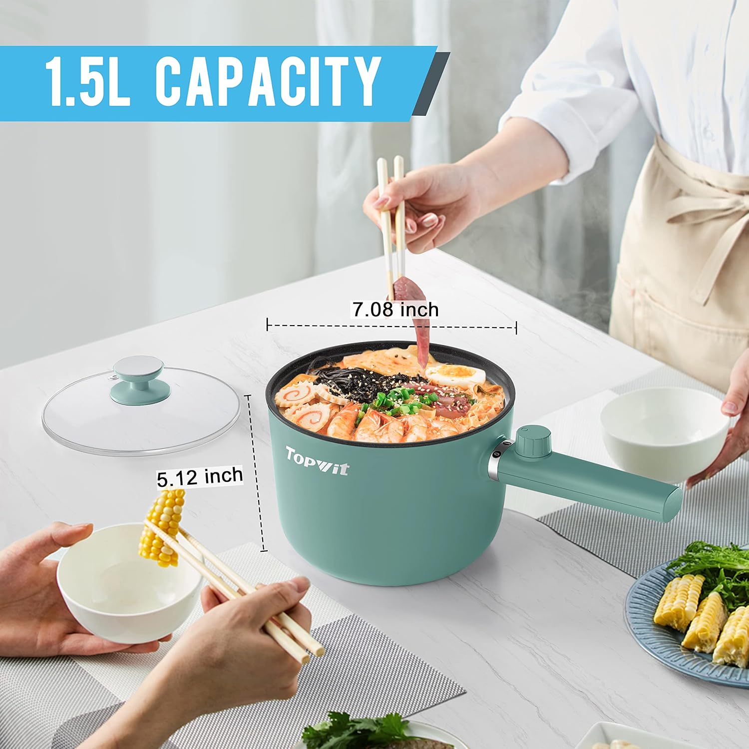 Topwit Hot Pot Electric, 1.5L Ramen Cooker, Portable Non-Stick Frying Pan, Electric Pot for Pasta, Steak, BPA Free, Electric Cooker with Dual Power Control, Over-Heating & Boil Dry Protection, Black