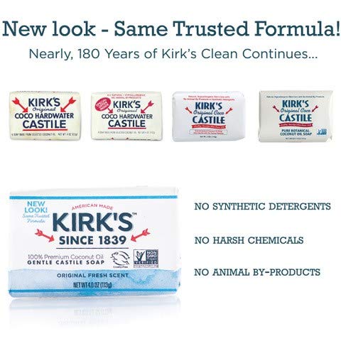 Kirk's Castile Bar Soap for Men, Women & Children - Made With Premium Coconut Oil, Sensitive Skin Formula, Vegan, Non GMO, Original Fresh Scent, 4 oz. Bars, 6 Pack