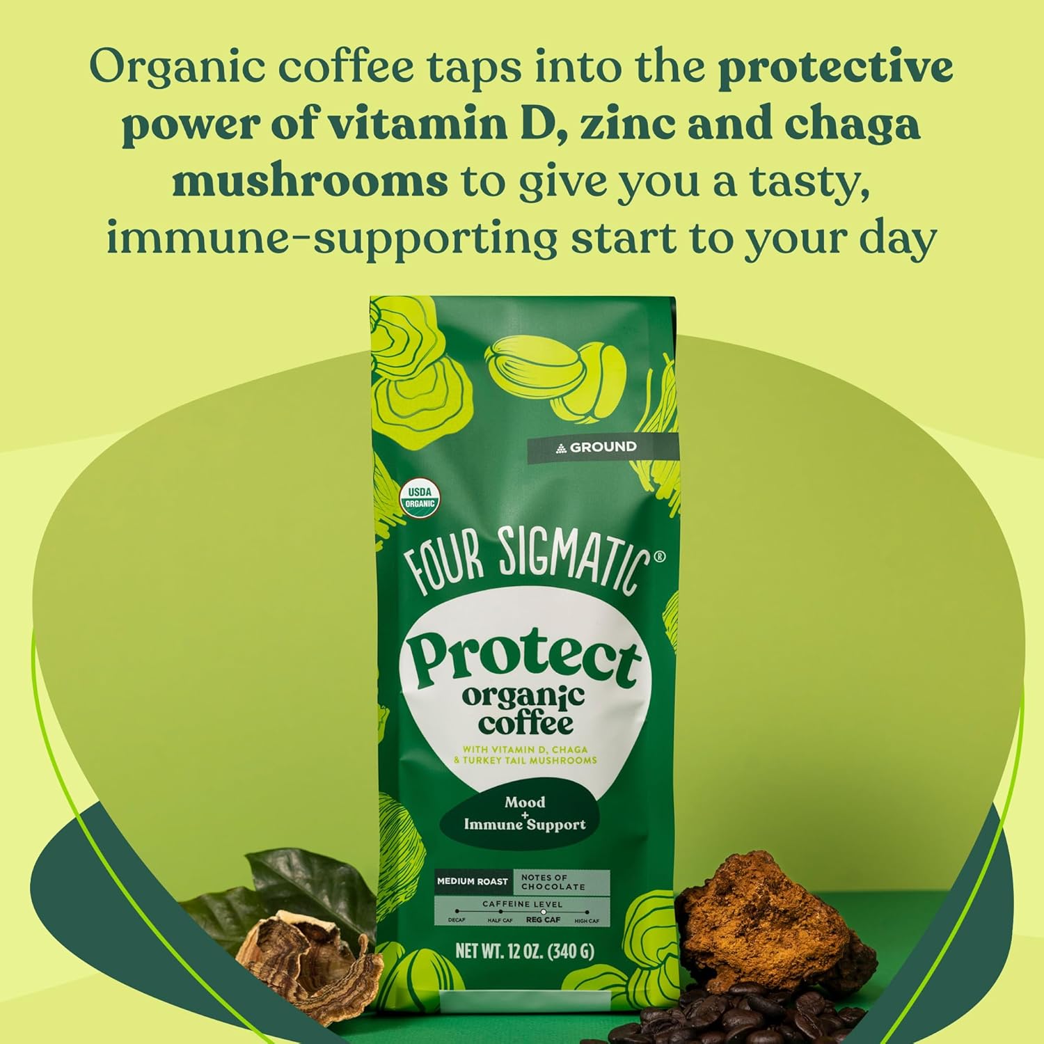 Four Sigmatic Think Mushroom Coffee | Organic Ground Coffee with Lion's Mane Mushroom and Chaga Mushroom | Nootropic Mushroom Coffee for Better Focus and Immune Support | 12oz Bag