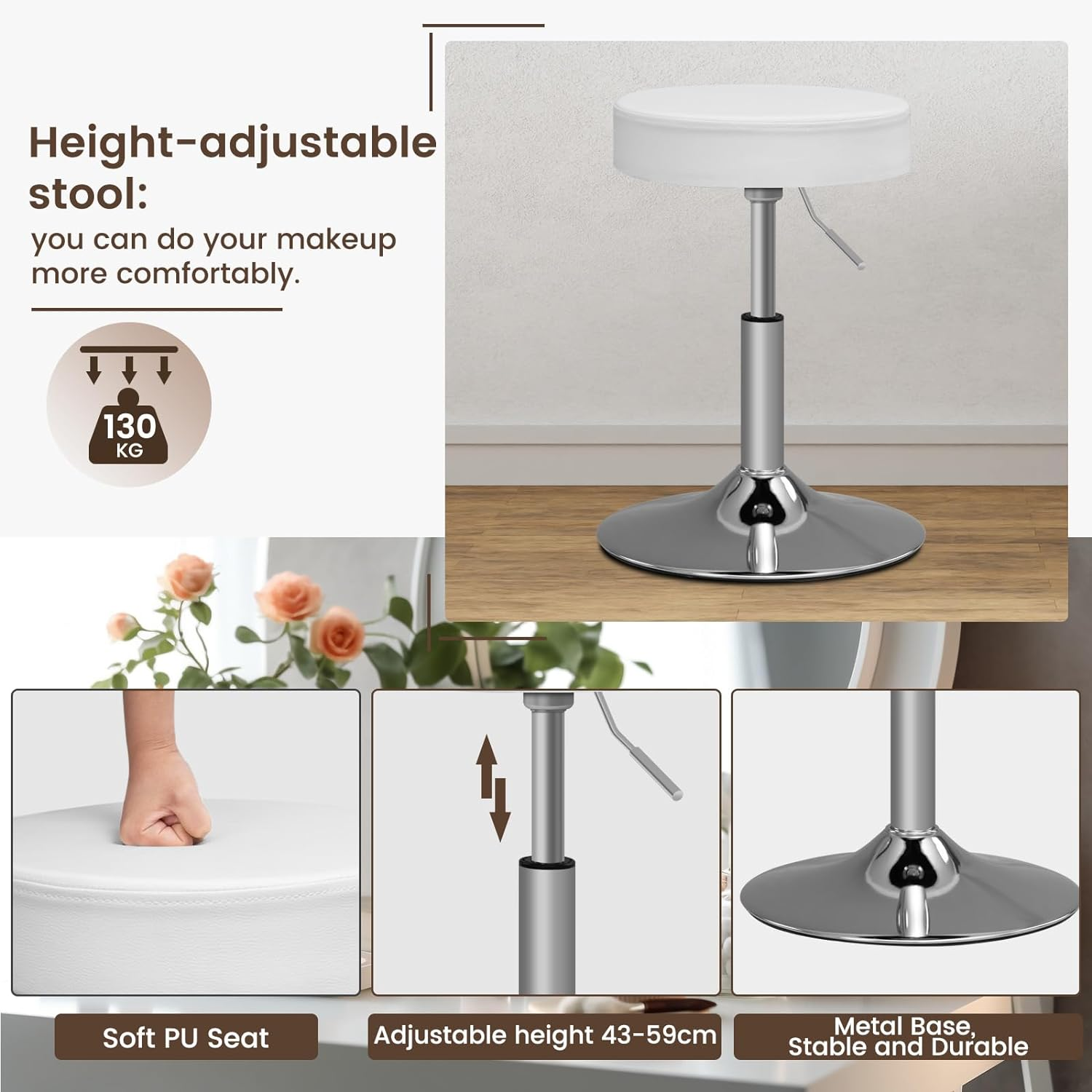 WOLTU MB6106ws Dressing Table with LED Lighting and Stool, Dressing Table with 2 Drawers, 4 Shelves, 108 x 40 x 142 cm, Height-Adjustable Chair, Wooden Cosmetic Table, White