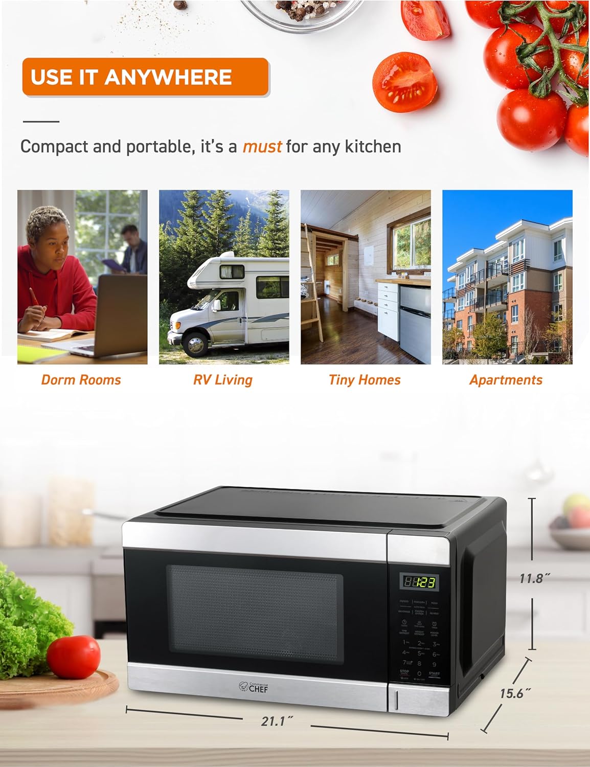 COMMERCIAL CHEF 0.6 Cubic Foot Microwave with 6 Power Levels, Small Microwave with Grip Handle, 700W Countertop Microwave with 30 Minute Timer and Mechanical Dial Controls, White