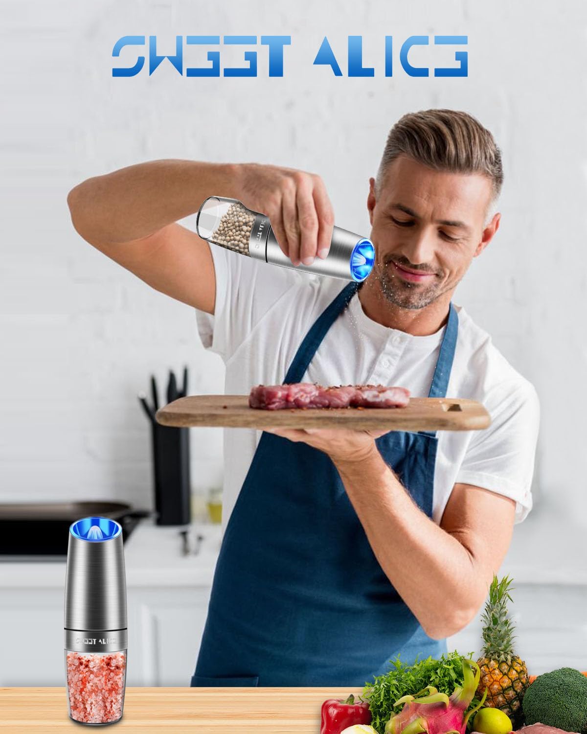 Sweet Alice Gravity Electric Pepper and Salt Grinder Set, Adjustable Coarseness, Battery Powered with LED Light, One Hand Automatic Operation, Stainless Steel Black, 2 Pack