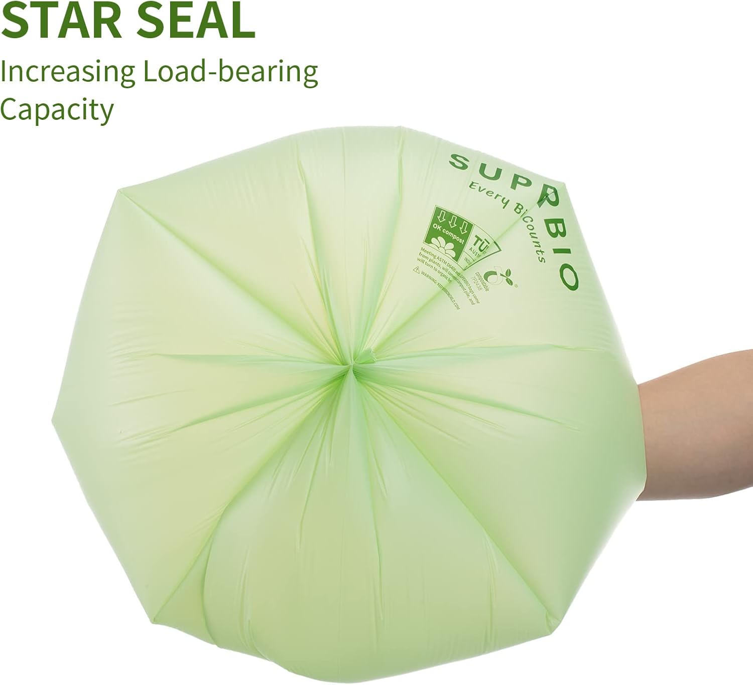 SUPERBIO 1.6 Gallon Handle Tie Compostable Food Scrap Bags For Counter Top Compost Bin, Small Compost Bags, 50 Count, 6 Liter, BPI & OK compost INDUSTRIAL Certified