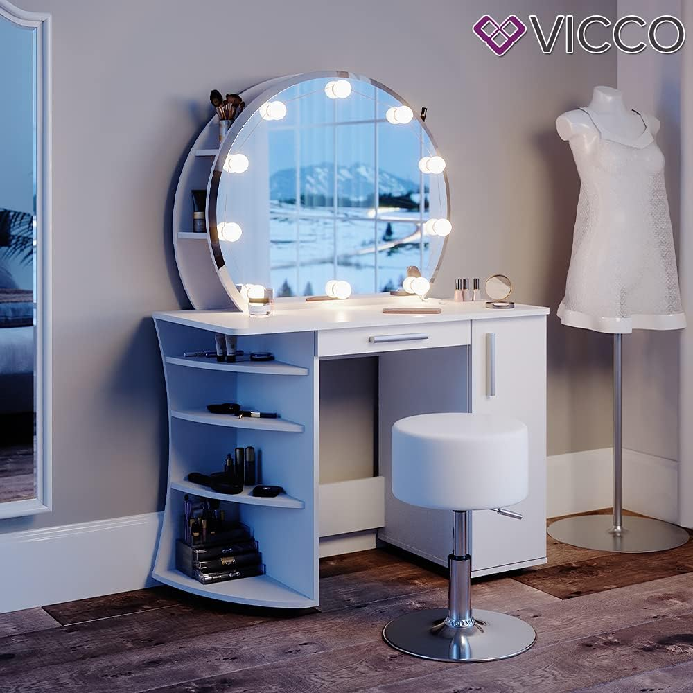 Vicco Almina Dressing Table 100 cm White with LED Lighting and Stool
