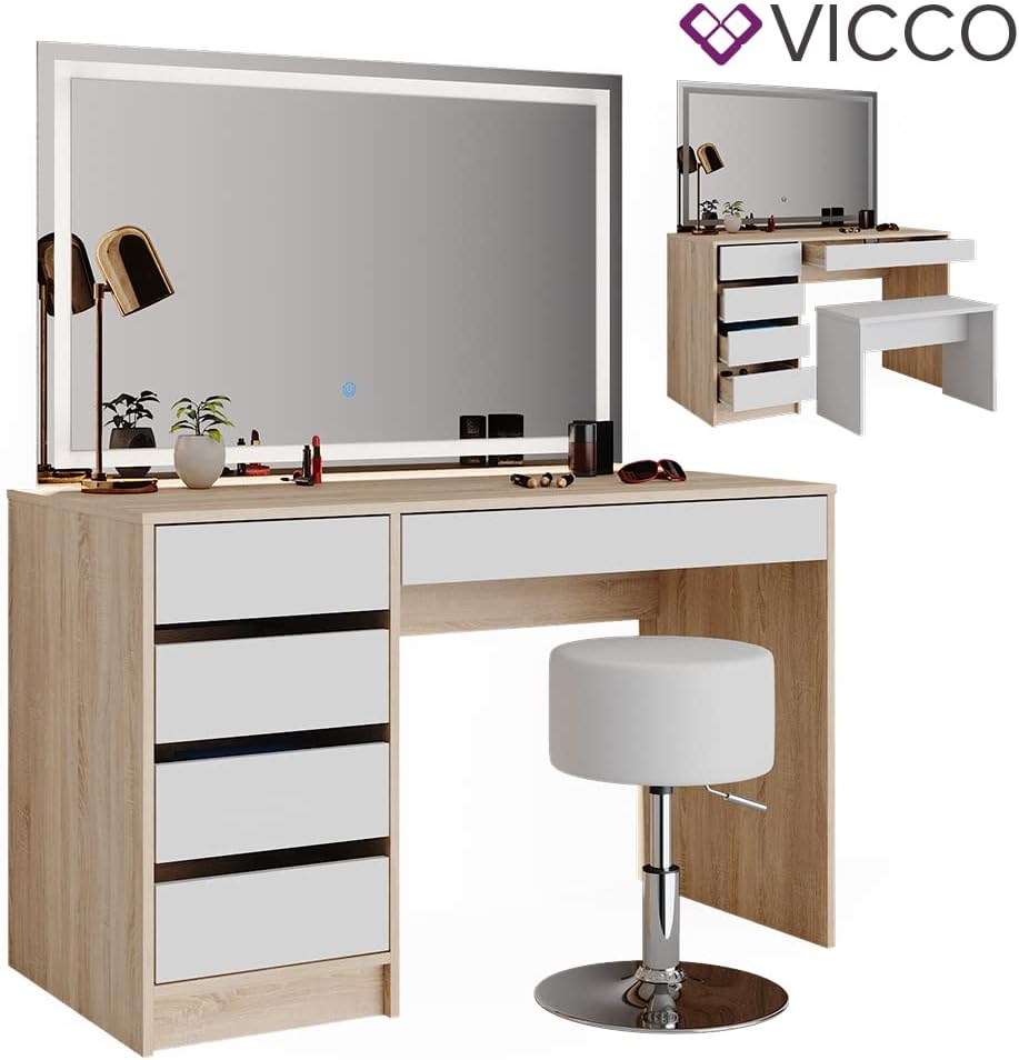 Vicco Sherry Dressing Table Sonoma / White 120 cm with LED Mirror and Stool