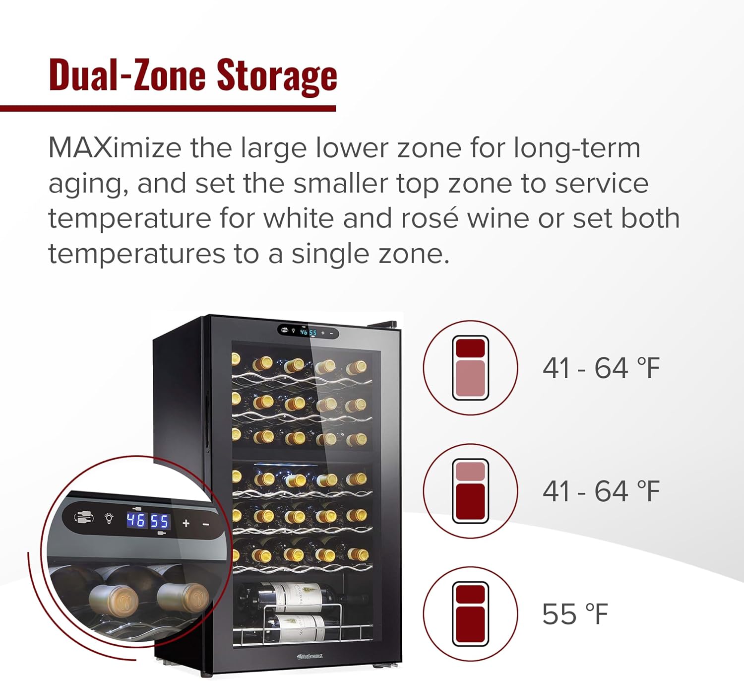 Wine Enthusiast 32-Bottle Dual Zone MAX Compressor Wine Cooler - Freestanding Refrigerator with Split Storage & Temperature, Digital Touchscreen, & LED Display