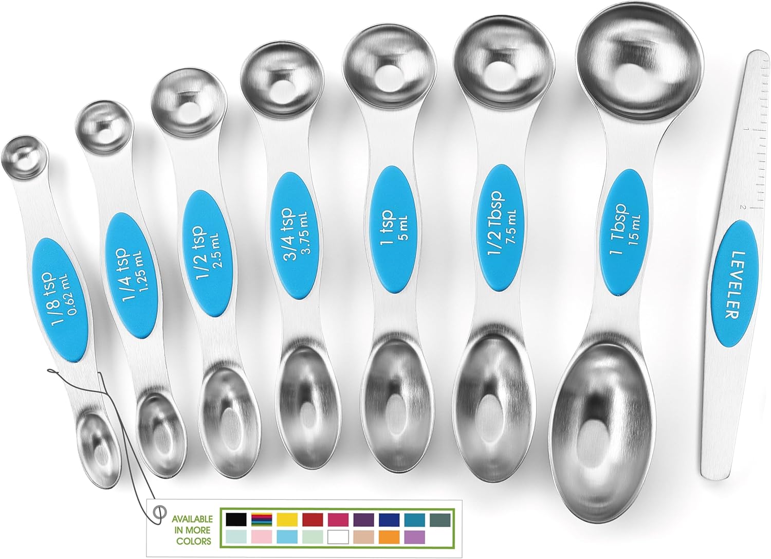 Spring Chef Magnetic Measuring Spoons Set with Strong N45 Magnets, Heavy Duty Stainless Steel Metal, Fits in Most Kitchen Spice Jars for Baking & Cooking, BPA Free, Black, Set of 8 with Leveler
