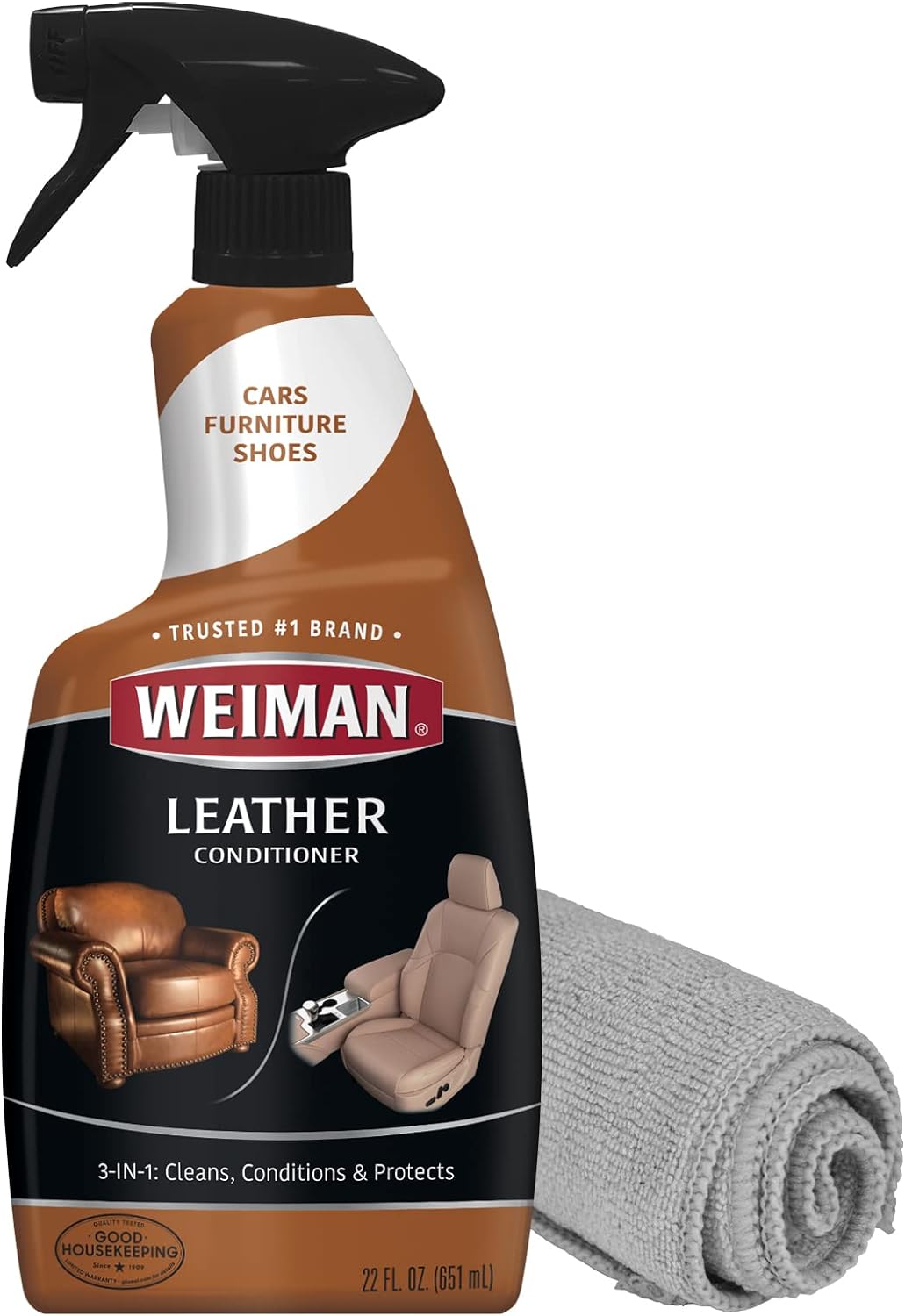 Weiman Leather Cleaner, Polish and Conditioner for Furniture, Car, Purses, Shoes, Boots and Couches- Micro Fiber Towel Included, 22oz
