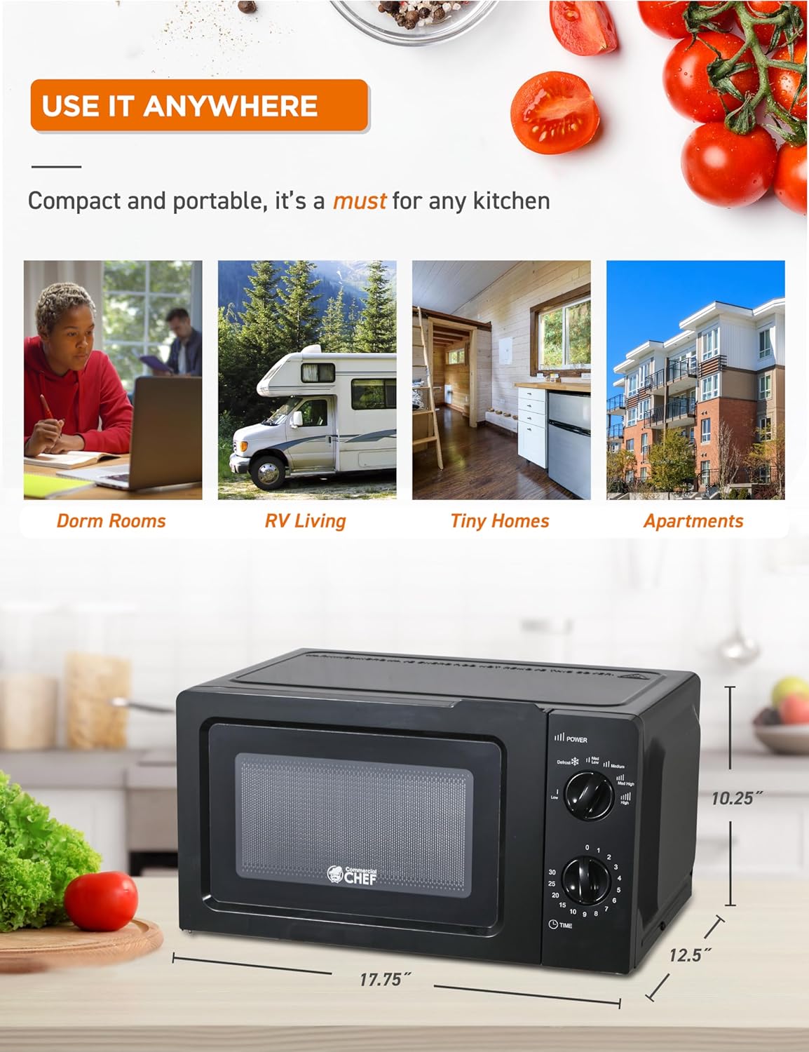 COMMERCIAL CHEF 0.6 Cubic Foot Microwave with 6 Power Levels, Small Microwave with Grip Handle, 700W Countertop Microwave with 30 Minute Timer and Mechanical Dial Controls, White