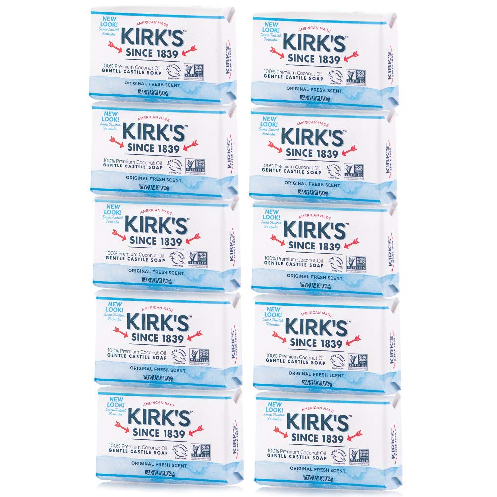 Kirk's Castile Bar Soap for Men, Women & Children - Made With Premium Coconut Oil, Sensitive Skin Formula, Vegan, Non GMO, Original Fresh Scent, 4 oz. Bars, 6 Pack