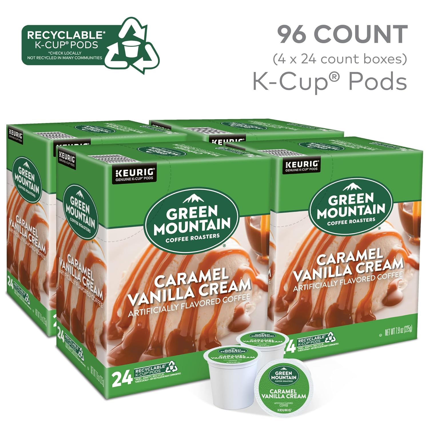 Green Mountain Coffee Roasters Caramel Vanilla Cream Keurig Single-Serve K-Cup pods, Light Roast Coffee, 72 Count (6 Packs of 12)