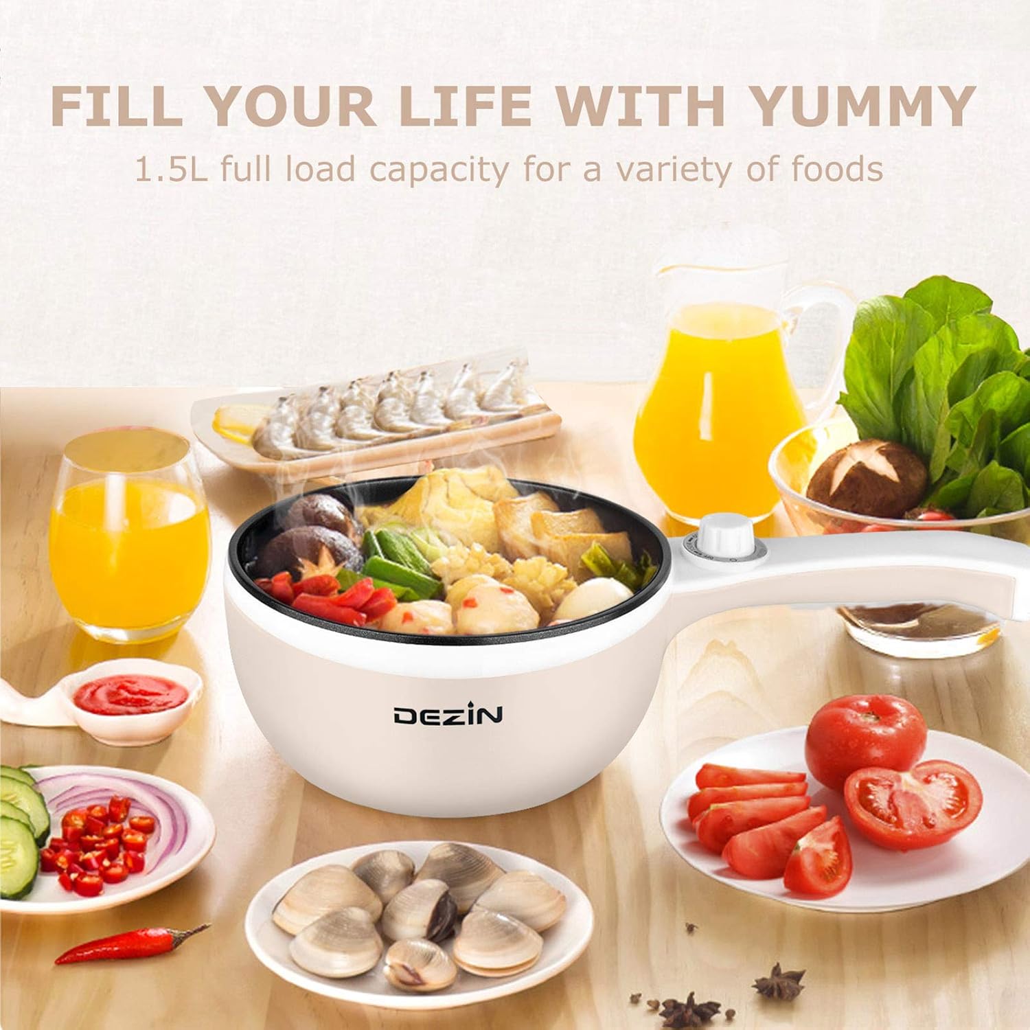 Dezin Hot Pot Electric Upgraded, Non-Stick Sauté Pan, Rapid Noodles Electric Pot, 1.5L Mini Portable Hot Pot for Steak, Egg, Fried Rice, Ramen, Oatmeal, Soup with Power Adjustment(Egg Rack Included)