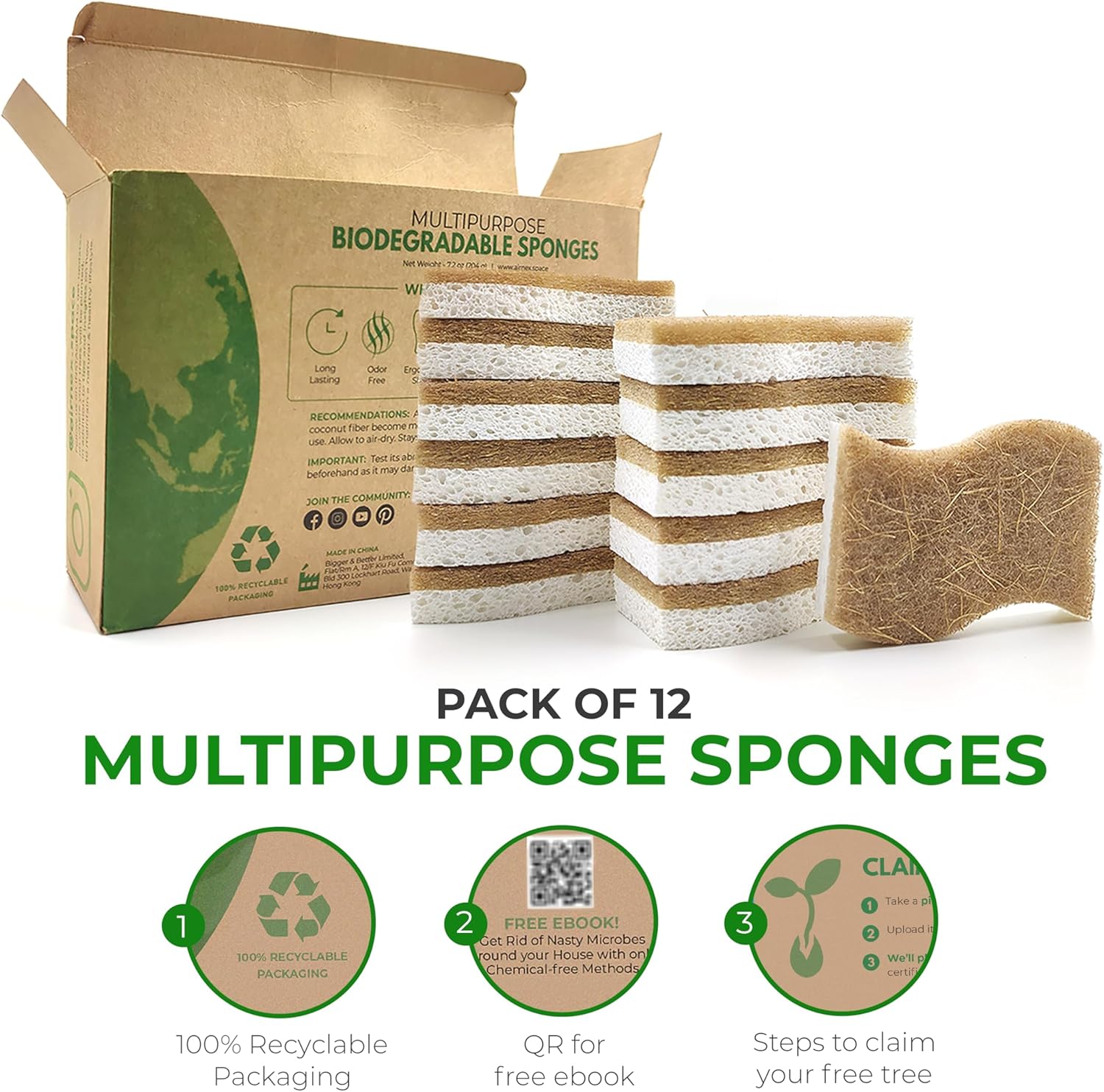 Natural Kitchen Sponge - Biodegradable Compostable Cellulose and Coconut Scrubber Sponge - Pack of 12 Eco Friendly Sponges for Dishes