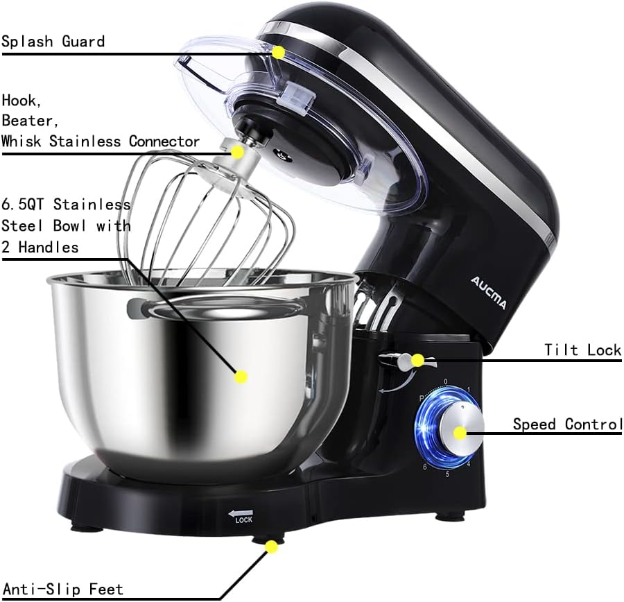 Aucma Stand Mixer,6.5-QT 660W 6-Speed Tilt-Head Food Mixer, Kitchen Electric Mixer with Dough Hook, Wire Whip & Beater (6.5QT, Black)