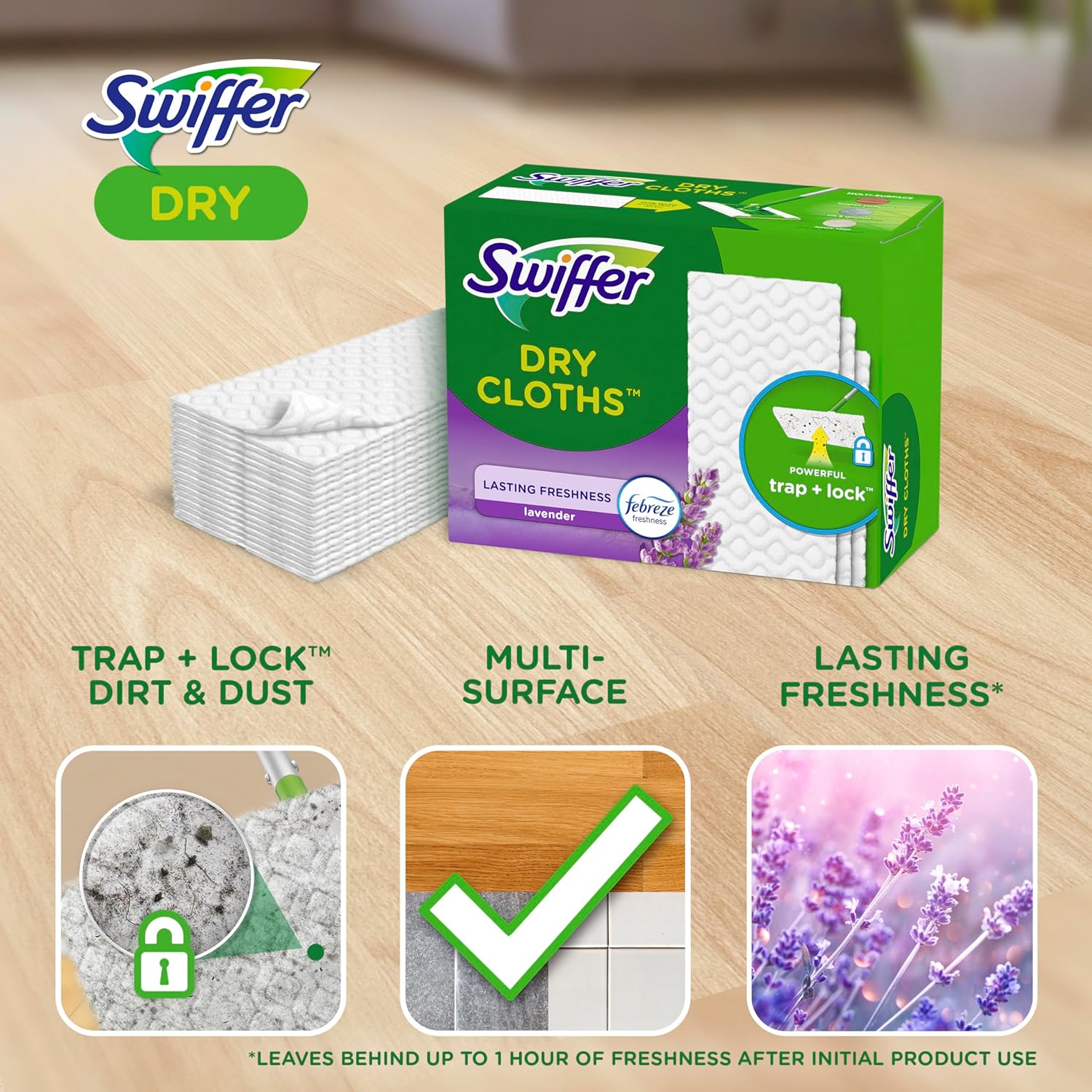 Swiffer Sweeper Dry Sweeping Pad, Multi Surface Refills for Dusters Floor Mop with Febreze Lavender Scent, 52 Count
