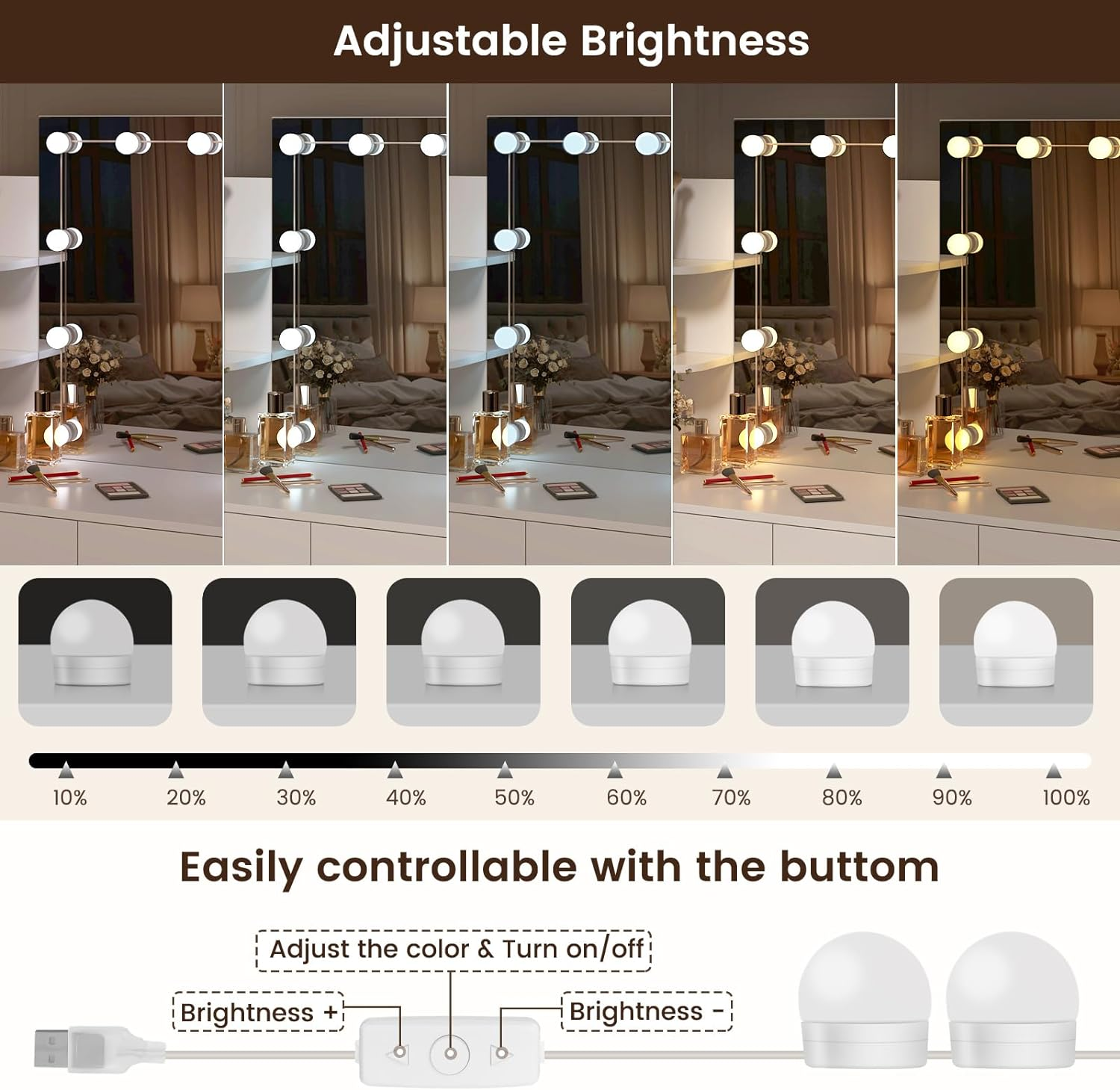 WOLTU MB6106ws Dressing Table with LED Lighting and Stool, Dressing Table with 2 Drawers, 4 Shelves, 108 x 40 x 142 cm, Height-Adjustable Chair, Wooden Cosmetic Table, White