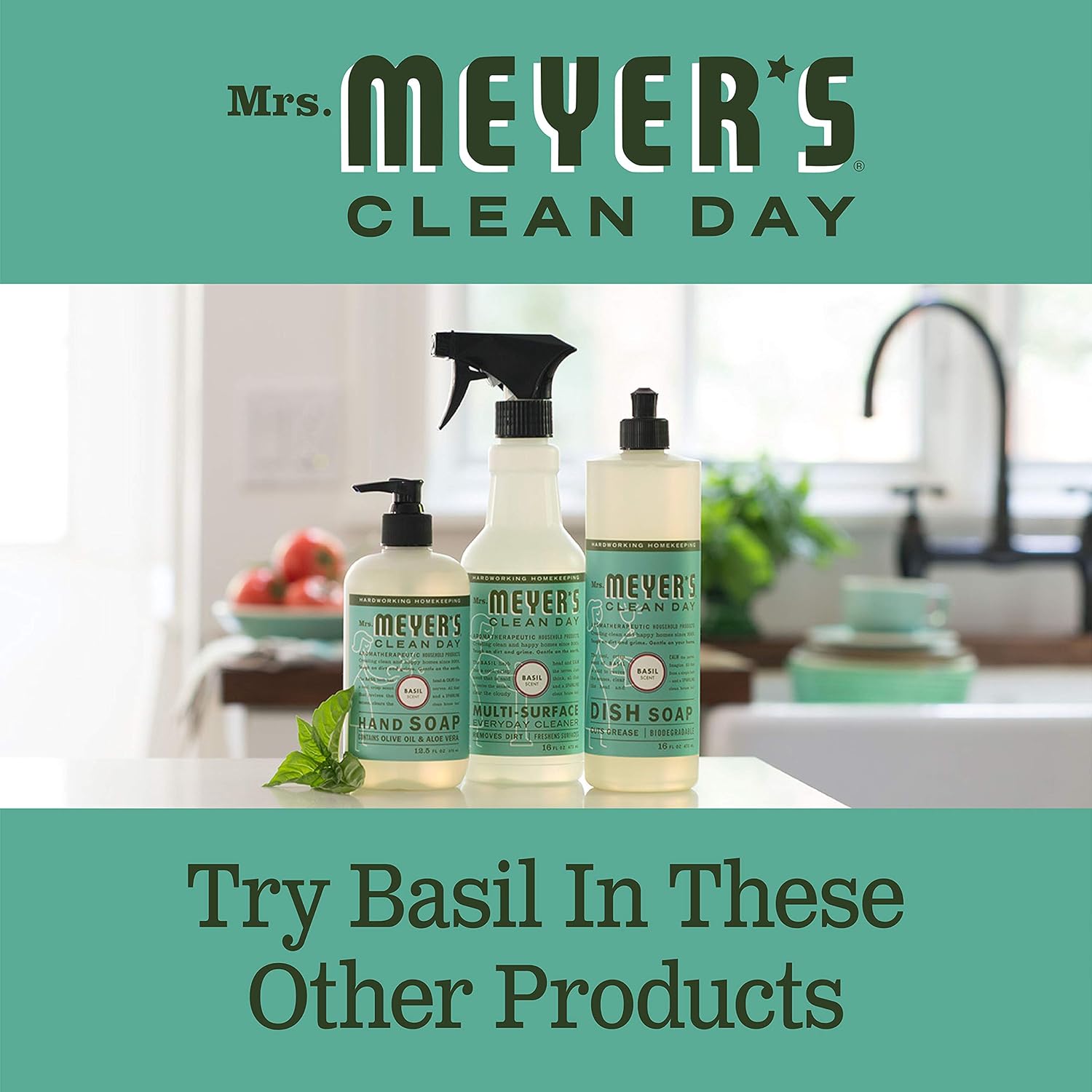 Mrs. Meyer's Liquid Dish Soap, Biodegradable Formula, Basil, 16 fl. oz - Pack of 3