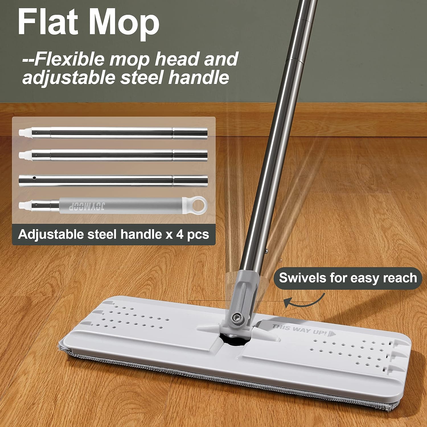 JOYMOOP mop and bucket with Wringer Set, Flat ,for floor cleaning with 3 Microfiber Pads, Wet and Dry Use, Household cleaning Tools, for Hardwood, Laminate, Tile