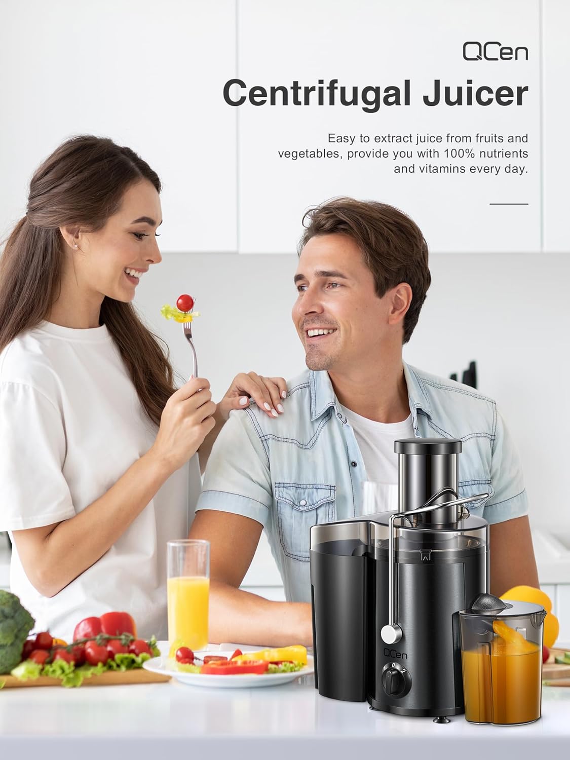 Qcen Juicer Machine, 800W Centrifugal Juicer Extractor with Wide Mouth 3” Feed Chute for Fruit Vegetable, Easy to Clean, Stainless Steel, BPA-free (Black)