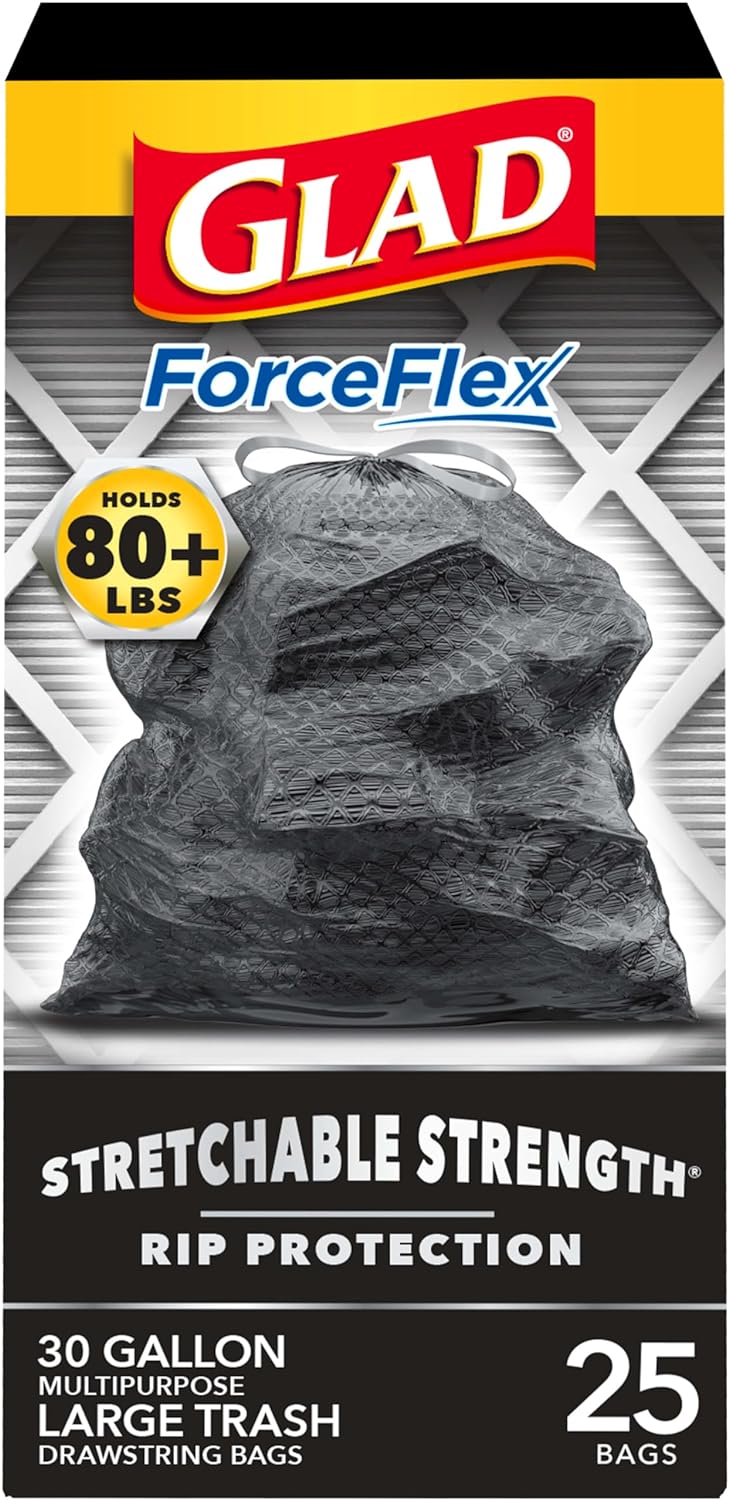Glad Large Drawstring Trash Bags, ForceFlex 30 Gallon Black Trash Bags, 50 Count (Package May Vary)