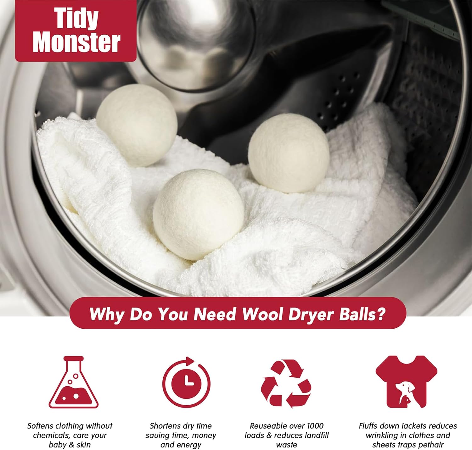 6 Pack All Natural Organic Wool Dryer Balls XL Size - Reusable Chemical Free Natural Fabric Softener, Anti Static, Reduces Clothing Wrinkles and Saves Drying Time