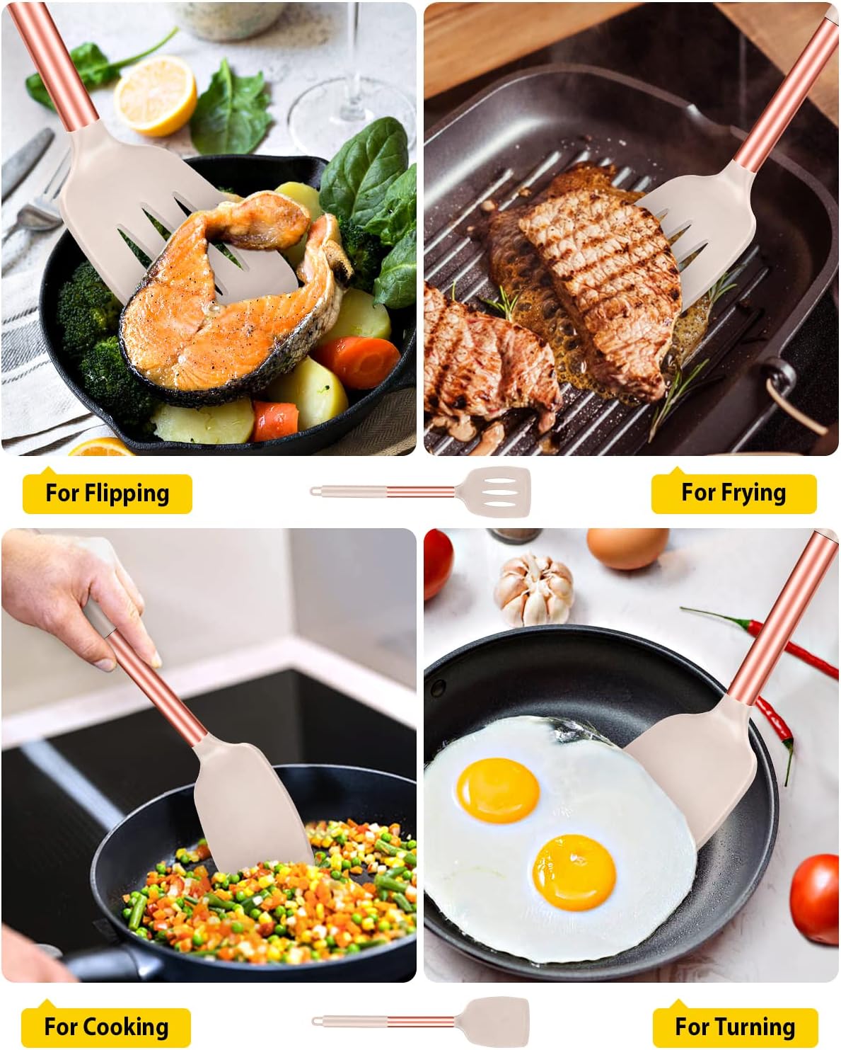 Pack of 2 Silicone Solid Turner,Non Stick Slotted Kitchen Spatulas,High Heat Resistant BPA Free Cooking Utensils,Ideal Cookware for Fish,Eggs,Pancakes (Black)