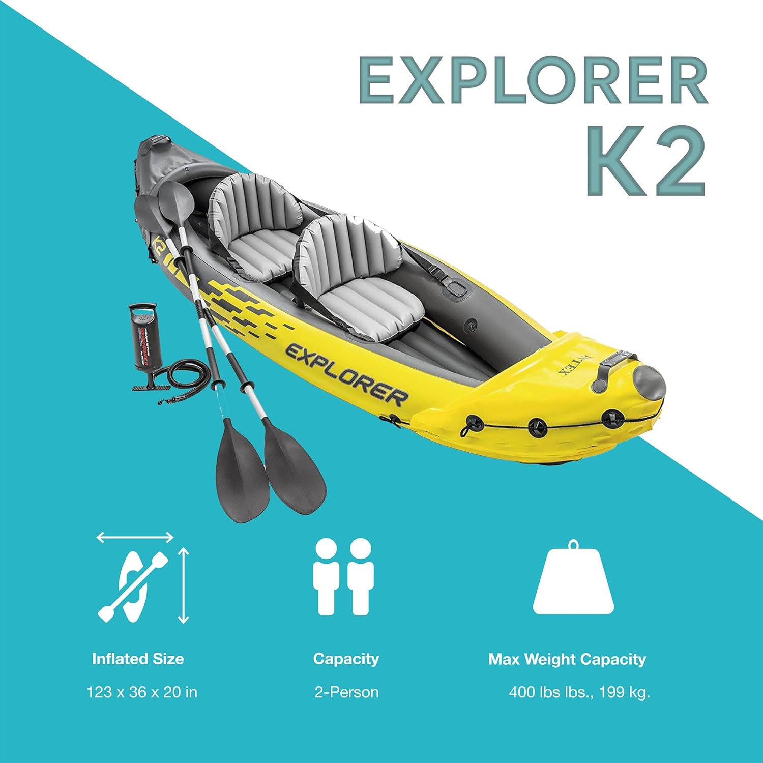 Intex 68307EP Explorer K2 Inflatable Kayak Set: Includes Deluxe 86in Aluminum Oars and High-Output Pump – SuperStrong PVC