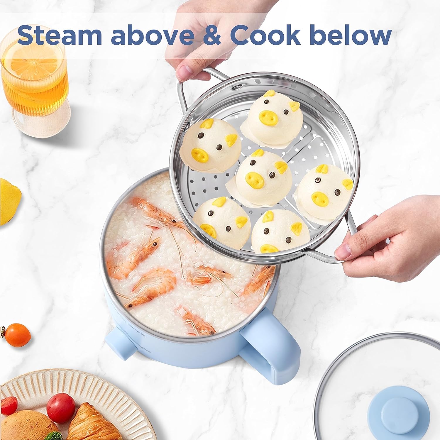 Topwit Hot Pot Electric, Electric Pot, 1.6L Ramen Cooker, Multifunctional Electric Cooker for Pasta, Shabu-Shabu, Oatmeal, Soup and Egg with Over-Heating Protection, Boil Dry Protection, Blue