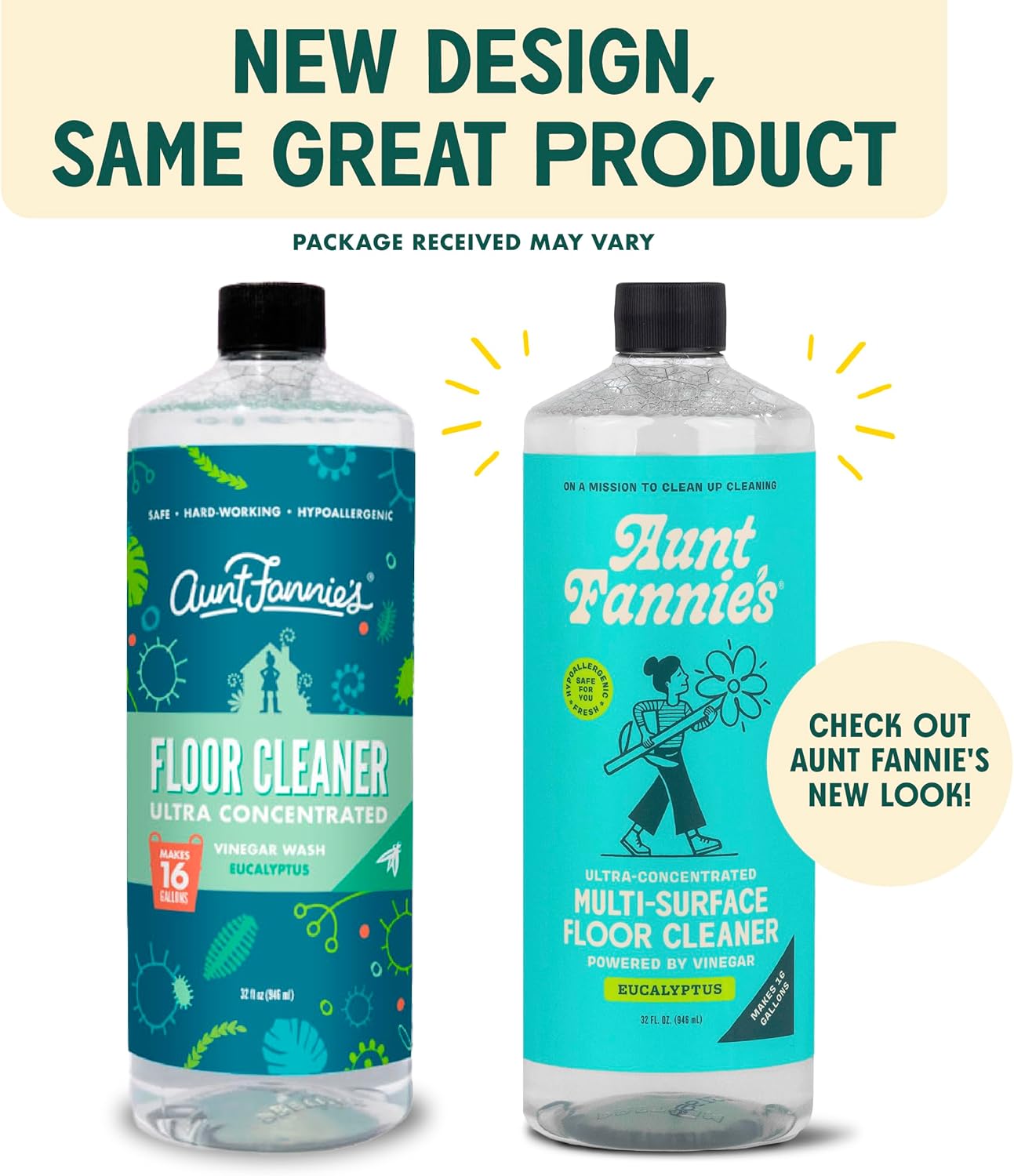 Aunt Fannie's Ultra Concentrated Floor Cleaner Vinegar Wash, Multi-Surface Floor Cleaner For Mopping, Makes 16 Gallons, Eucalyptus Scent, 32 oz. (Pack of 1), Packaging May Vary