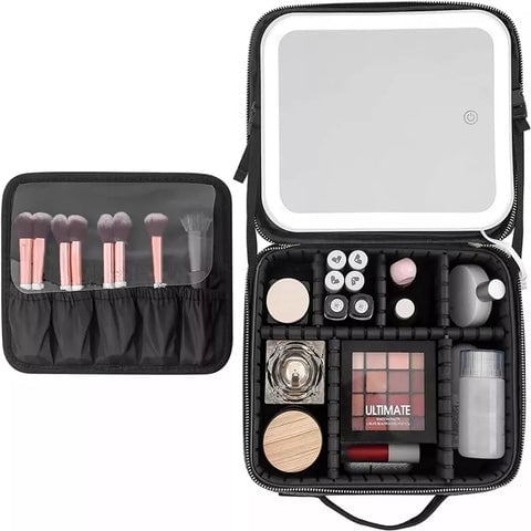 Makeup Bag with Lighted Mirror, Travel Make up Train Case with Adjustable LED