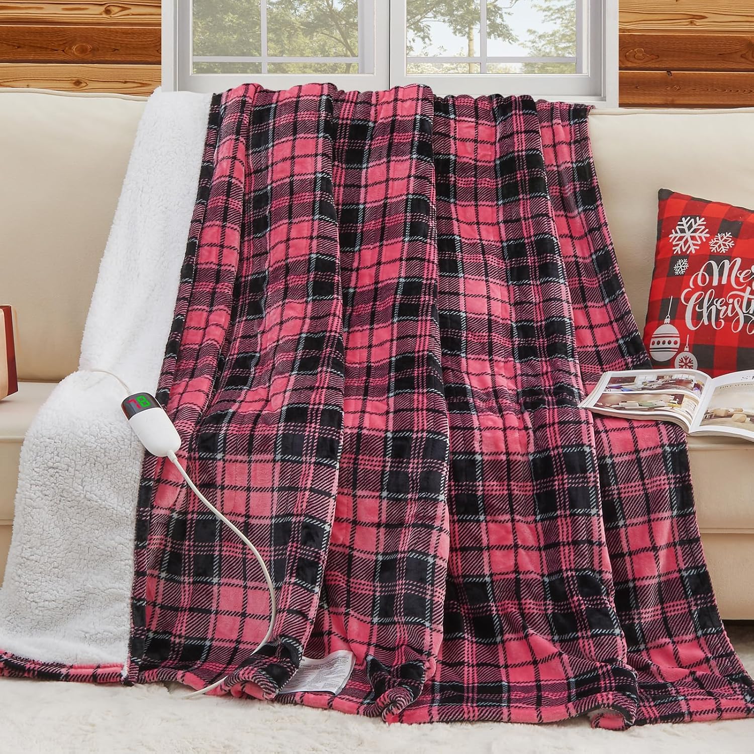 Heated Blanket Electric Throw, 50X60, Heating Throw with 10 Heating Levels/8 Hours Auto Off, Navy Blue Plaid Checkered Sherpa Blanket Warmer for Adults, Washable Blanket Gift for Couch Bed Office, ETL