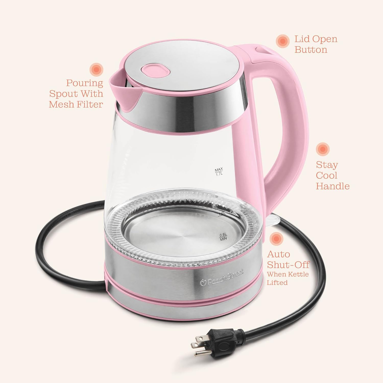 Speed-Boil Electric Kettle For Coffee & Tea - 1.7L Water Boiler 1500W, Borosilicate Glass, Easy Clean Wide Opening, Auto Shut-Off, Cool Touch Handle, LED Light. 360° Rotation, Boil Dry Protection