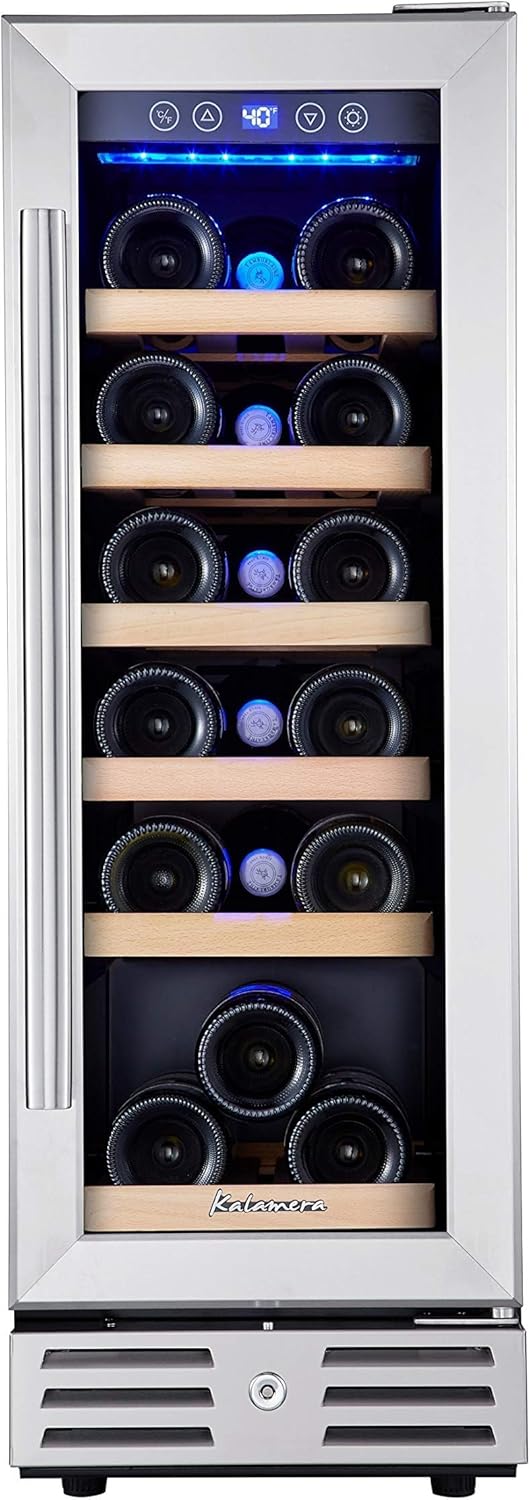 Kalamera 24 inch Wine Cooler, 46 Bottle - Dual Zone Built-in or Freestanding Fridge with Stainless Steel Reversible Glass Door, for Home, Kitchen, or Office.
