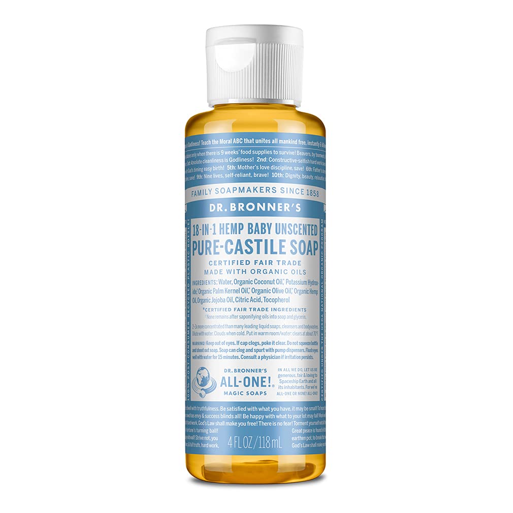 Dr. Bronner's - Pure-Castile Liquid Soap (Baby Unscented, 8 Ounce) - Made with Organic Oils, 18-in-1 Uses: Face, Hair, Laundry, Dishes, For Sensitive Skin, Babies, No Added Fragrance, Vegan, Non-GMO