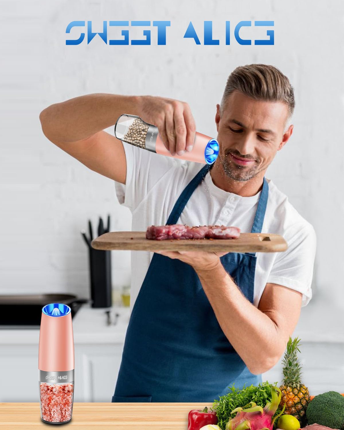 Sweet Alice Gravity Electric Pepper and Salt Grinder Set, Adjustable Coarseness, Battery Powered with LED Light, One Hand Automatic Operation, Stainless Steel Black, 2 Pack