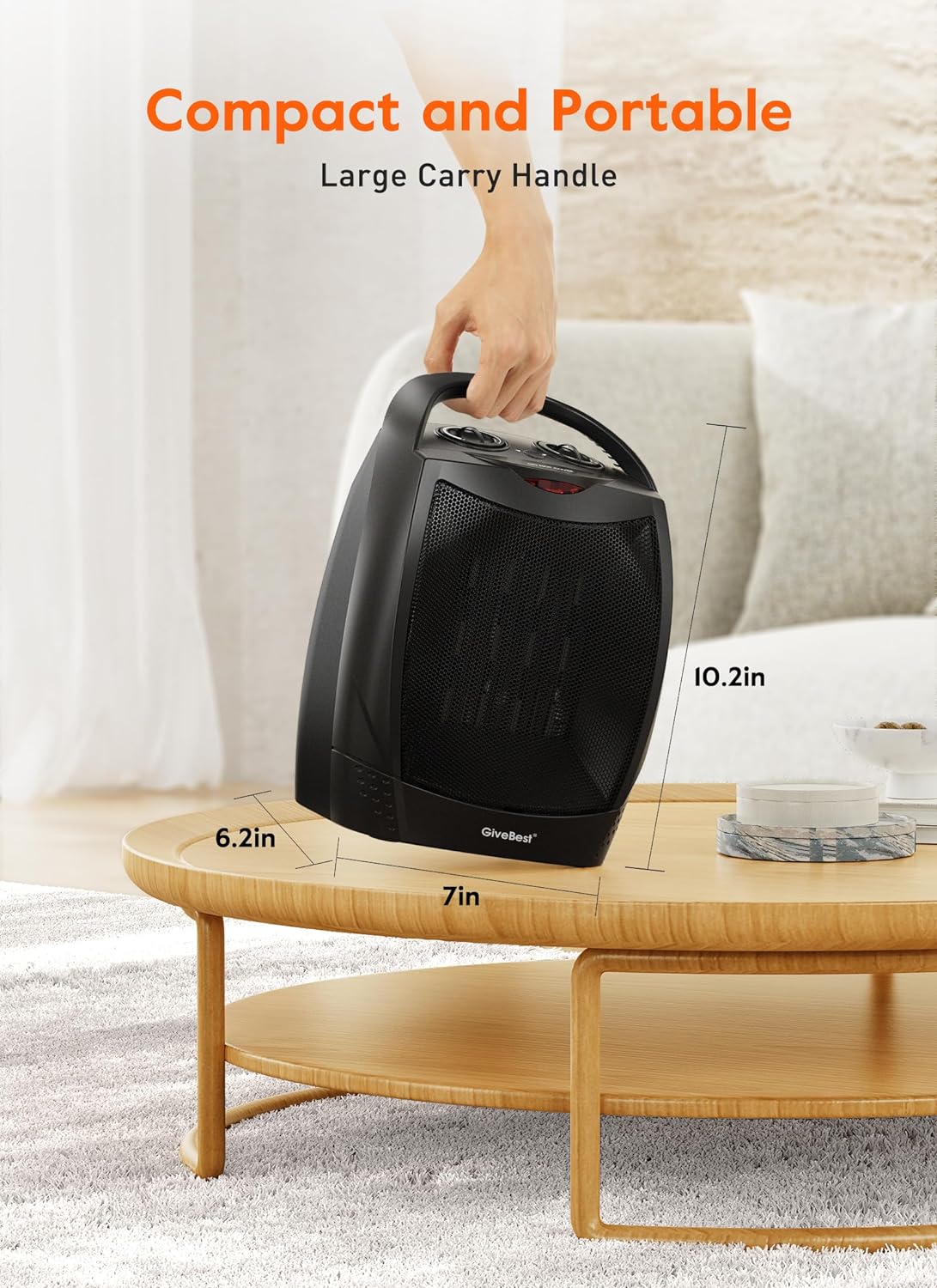 GiveBest Portable Electric Space Heater with Thermostat, 1500W/750W Safe and Quiet Ceramic Heater Fan, Heat Up 200 Square Feet for Office Room Desk Indoor Use, Silver