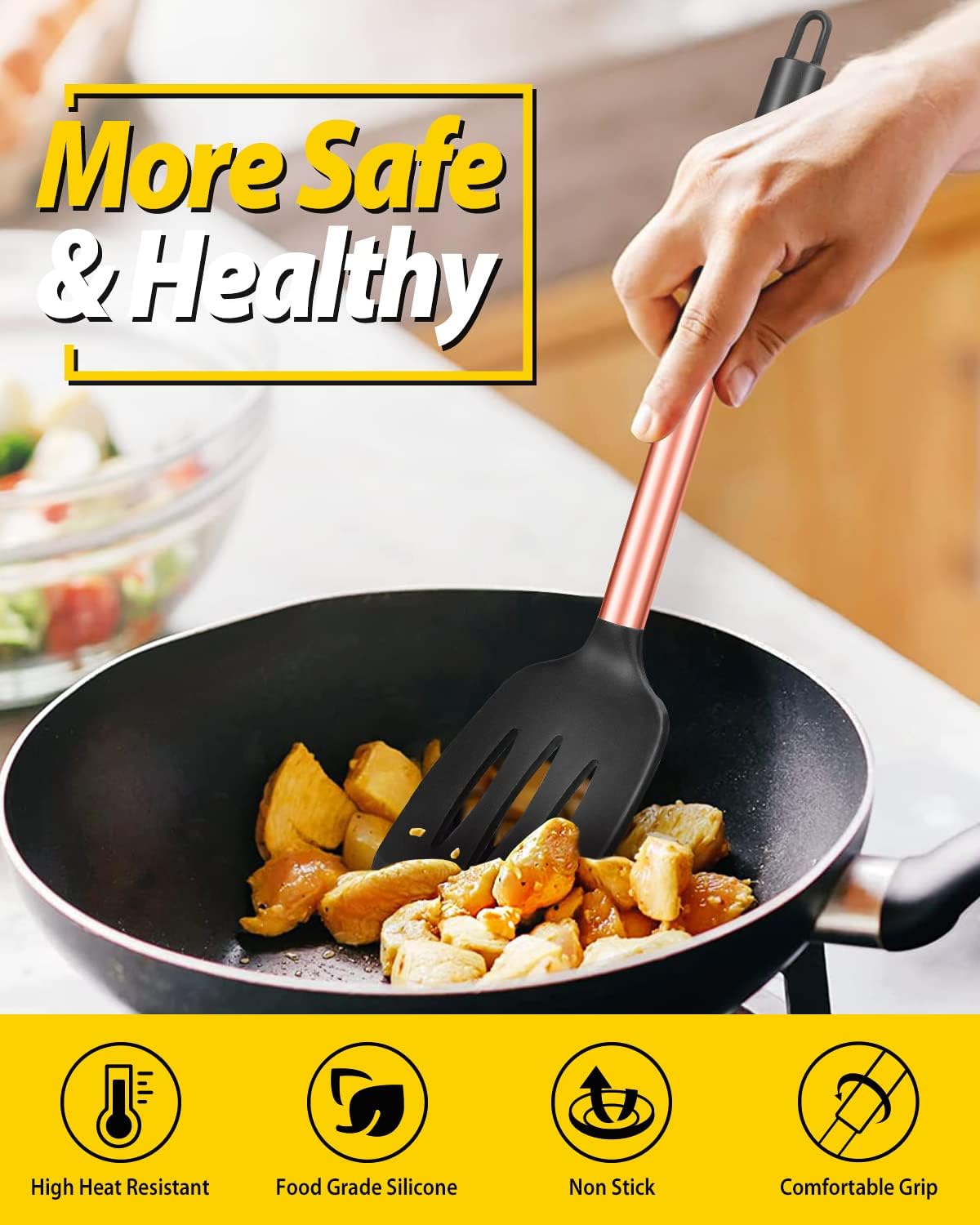 Pack of 2 Silicone Solid Turner,Non Stick Slotted Kitchen Spatulas,High Heat Resistant BPA Free Cooking Utensils,Ideal Cookware for Fish,Eggs,Pancakes (Black)