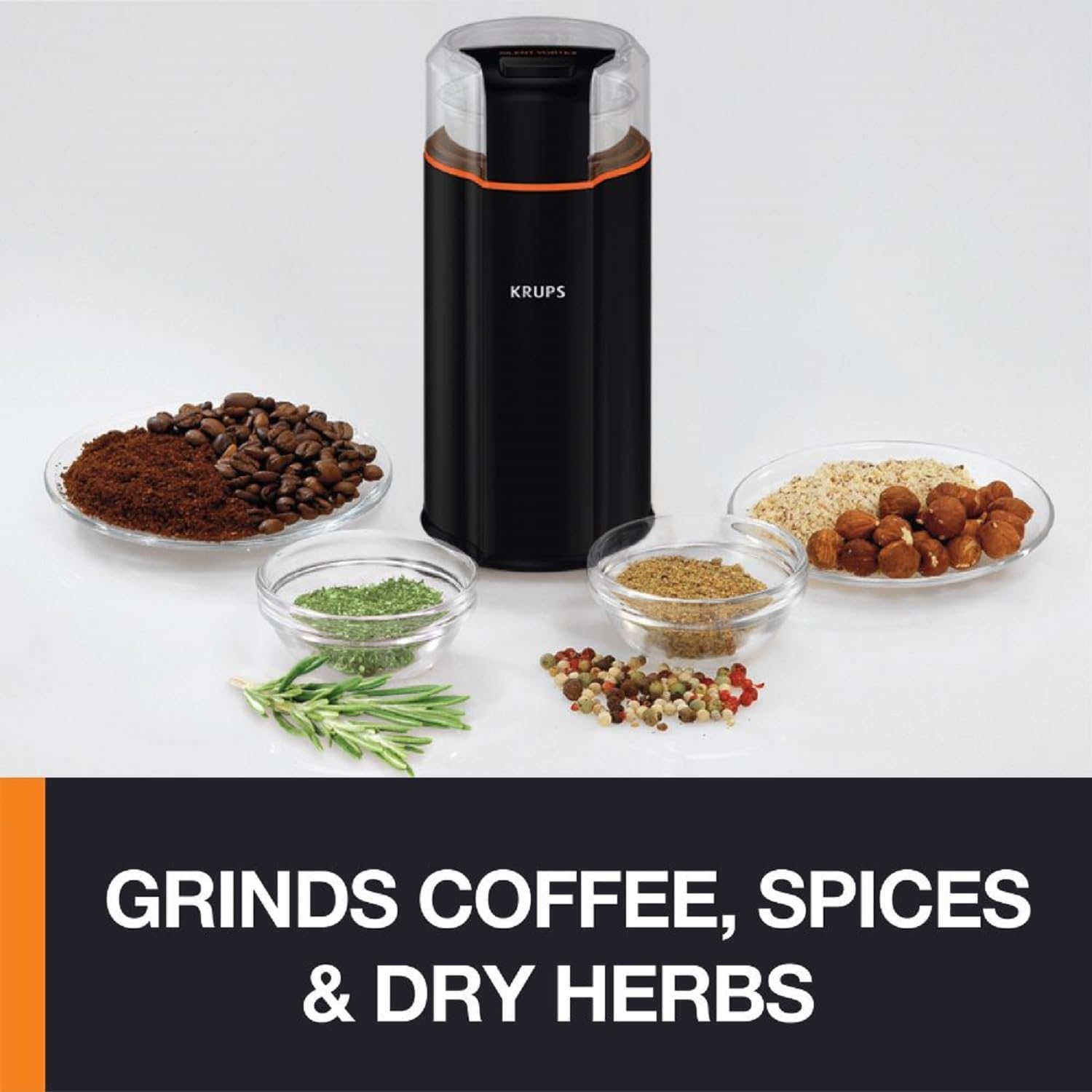Krups One-Touch Coffee and Spice Grinder 3 Ounce Bean Hopper Easy to Use, One Touch Operation 200 Watts Coffee, Spices, Dry Herbs, Nuts, 12 Cup Black
