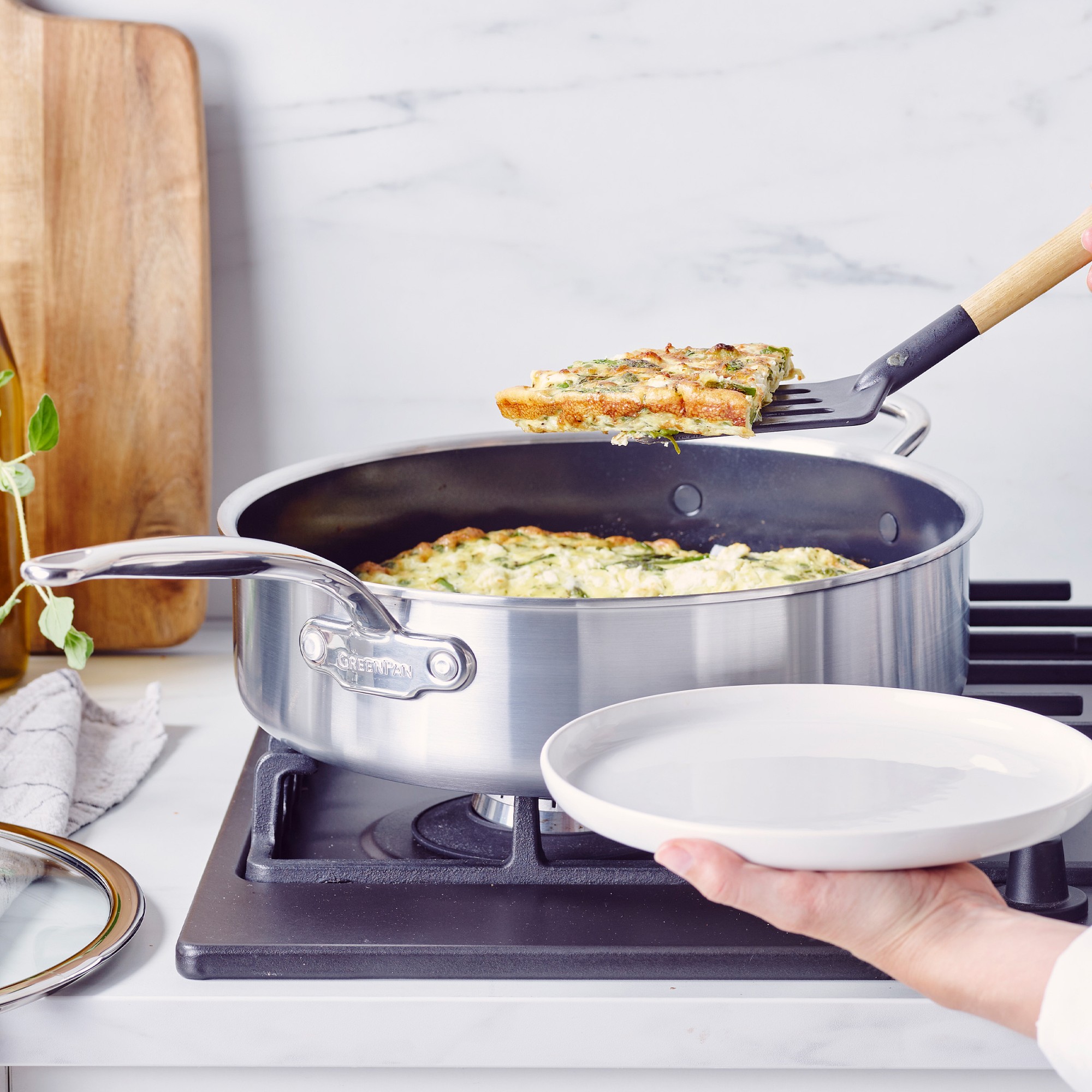 GreenPan™ Premiere Stainless-Steel Ceramic Nonstick Covered Sauté Pan with Helper Handle