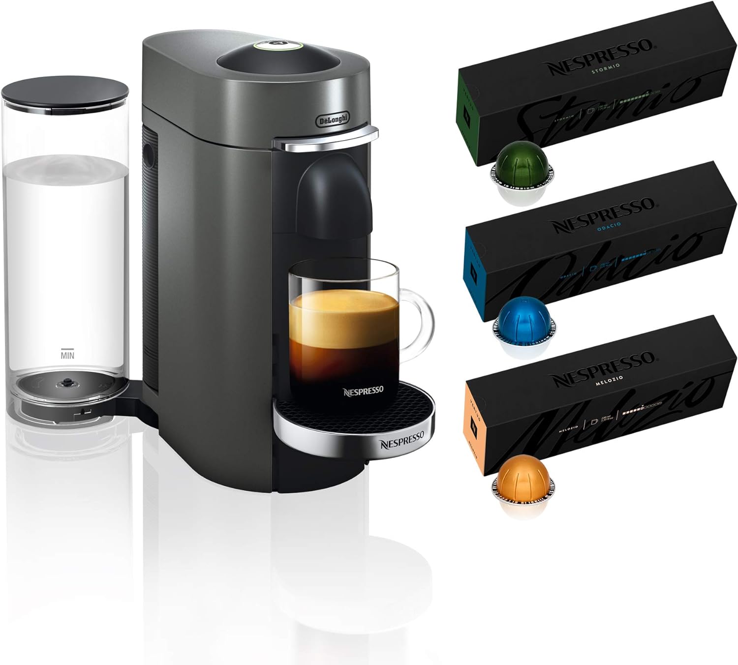 Nespresso Vertuo Plus Deluxe Coffee and Espresso Maker by De'Longhi, Titan with Aeroccino Milk Frother, 110 Volts