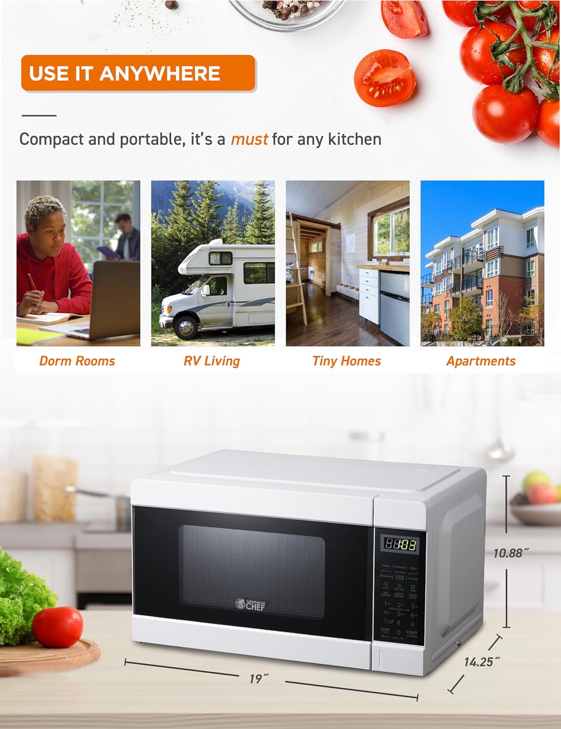 COMMERCIAL CHEF 0.6 Cubic Foot Microwave with 6 Power Levels, Small Microwave with Grip Handle, 700W Countertop Microwave with 30 Minute Timer and Mechanical Dial Controls, White