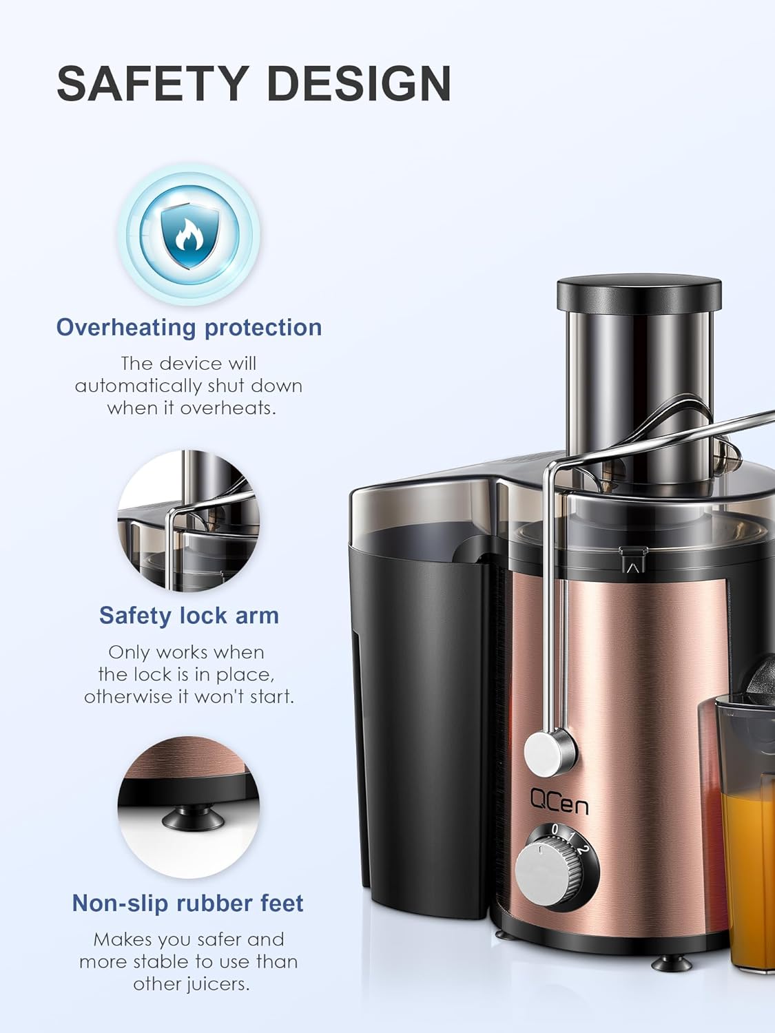 Qcen Juicer Machine, 800W Centrifugal Juicer Extractor with Wide Mouth 3” Feed Chute for Fruit Vegetable, Easy to Clean, Stainless Steel, BPA-free (Black)