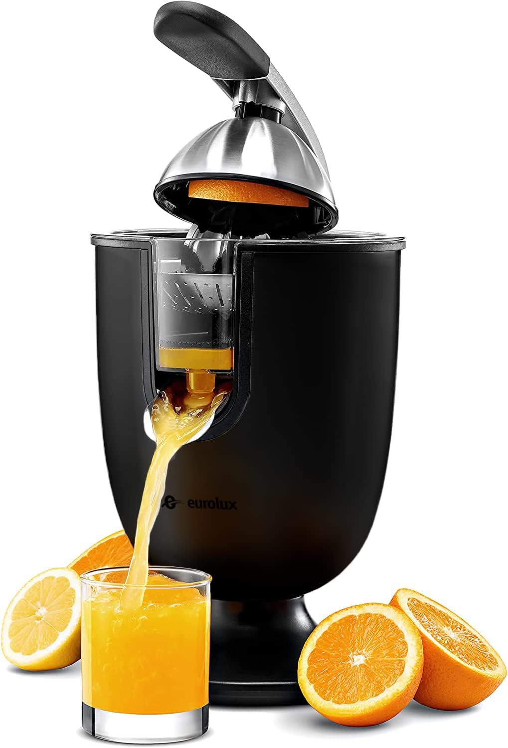 Eurolux Premium Electric Orange Juicer | Stainless Steel Citrus Squeezer With New Ultra-Powerful Motor and Soft Grip Handle for Effortless Juicing, Auto Shutoff, Dishwasher-safe Parts, Pulp Control