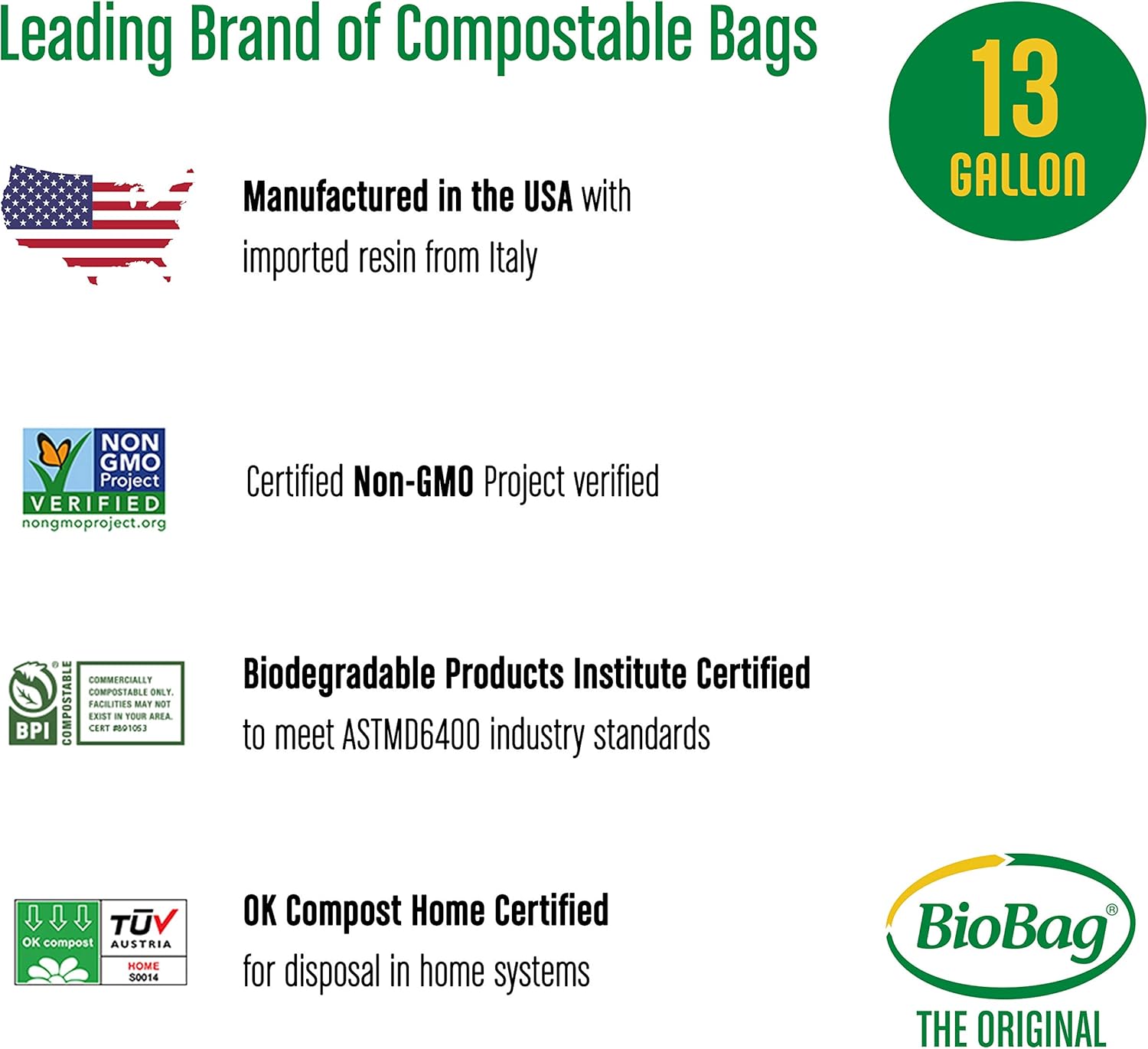 BioBag (USA), The Original Compostable Bag, 2.6 Gallon, 100 Total Count, 100% Certified Compostable Kitchen Food Scrap Bags, Kitchen Compost Bin Compatible