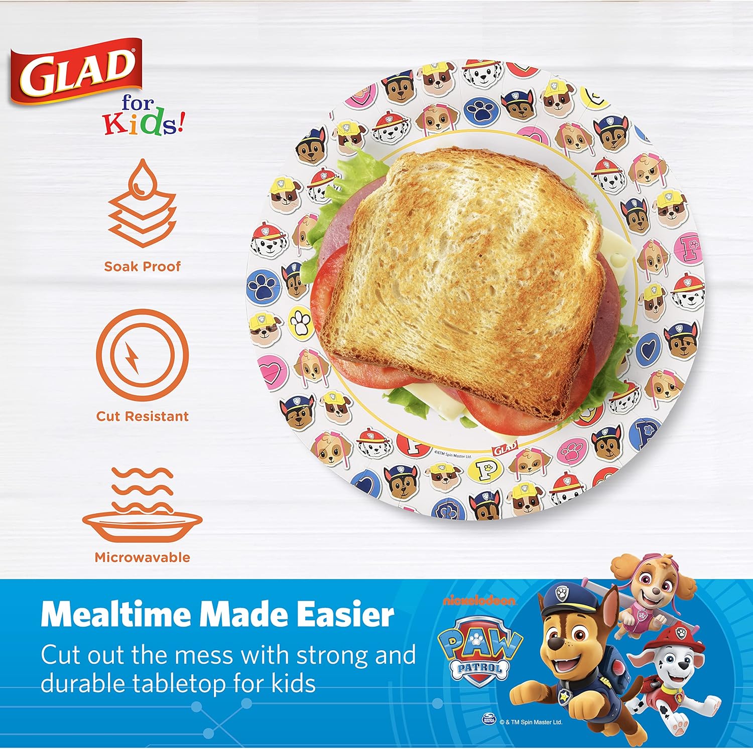 Glad for Kids Paw Patrol Emoji Disposable Paper Plates - Soak Proof, Microwave Safe Snack Plates, Kid Friendly Dinnerware for Everyday Use, 7 Inch, 20 Count