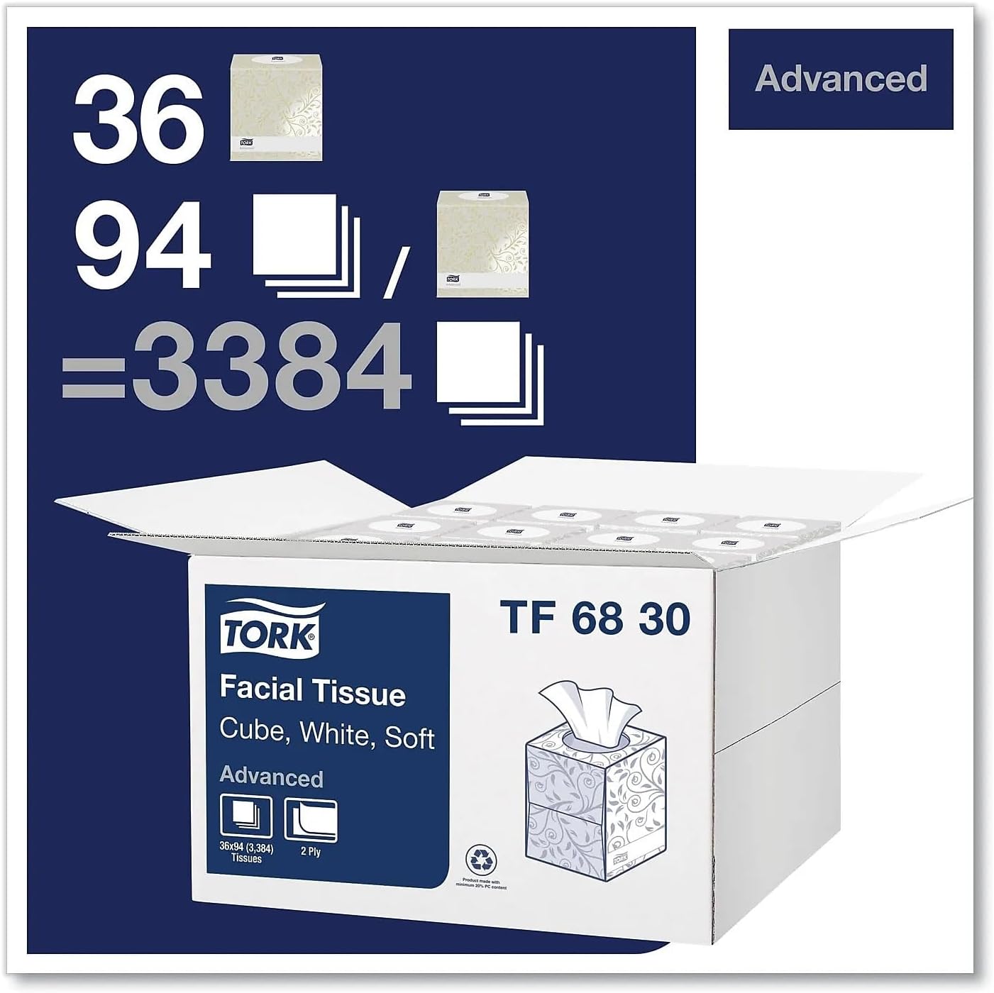 Tork Advanced Facial Tissue Flat Box White, Soft, 2-ply, 30 x 100 tissues, TF6810