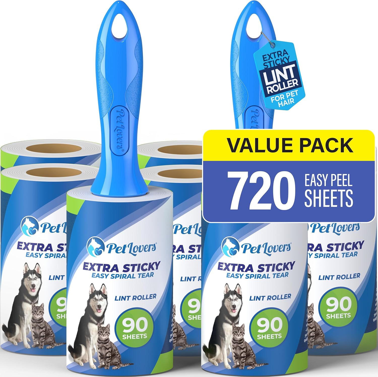 PetLovers Extra Sticky Lint Roller Mega Value Set 450 Sheets for Pet Hair Removal, Dog and Cat Lint Remover 5 Pack